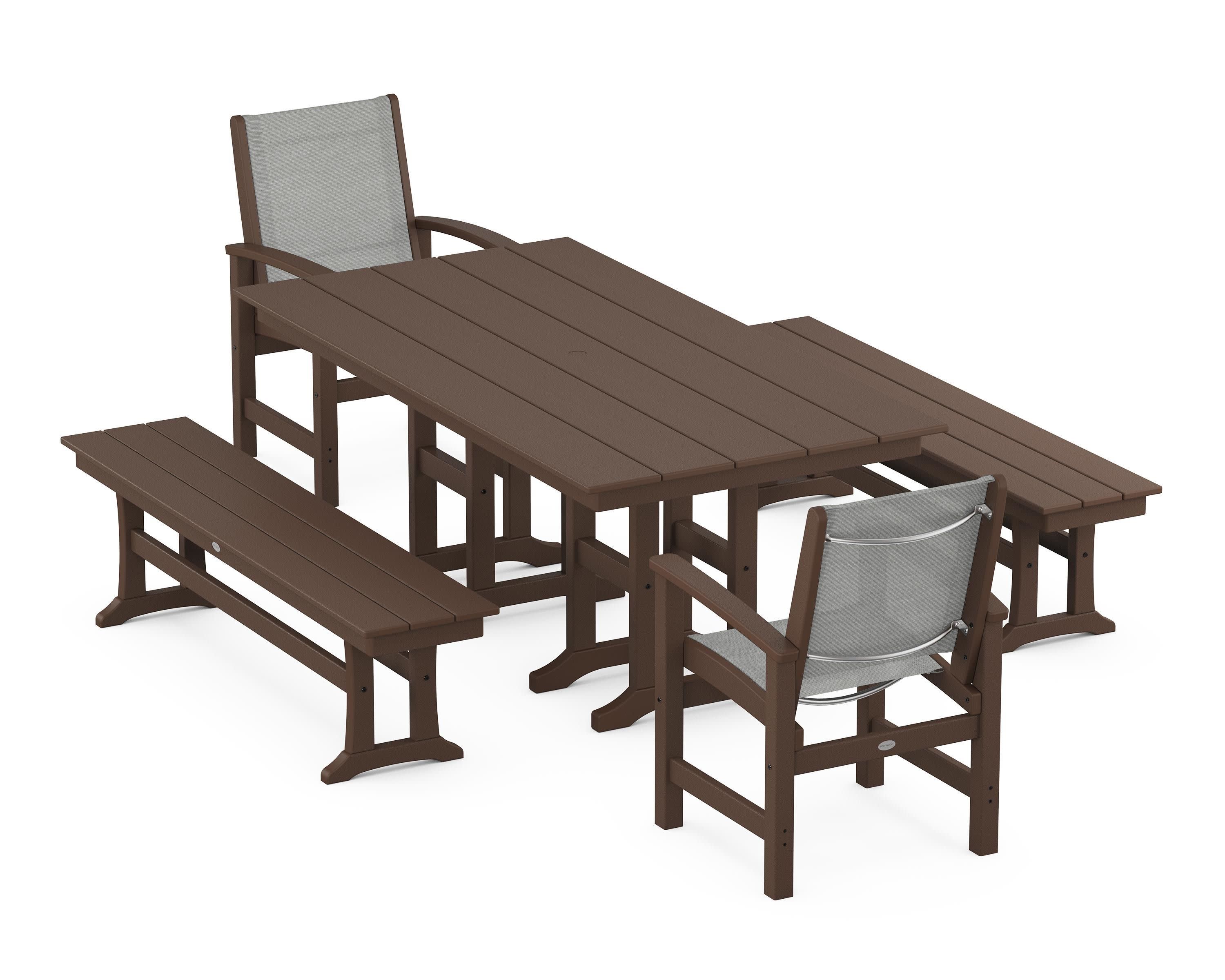 Coastal 5-Piece Farmhouse Dining Set in Mahogany / Metallic Sling