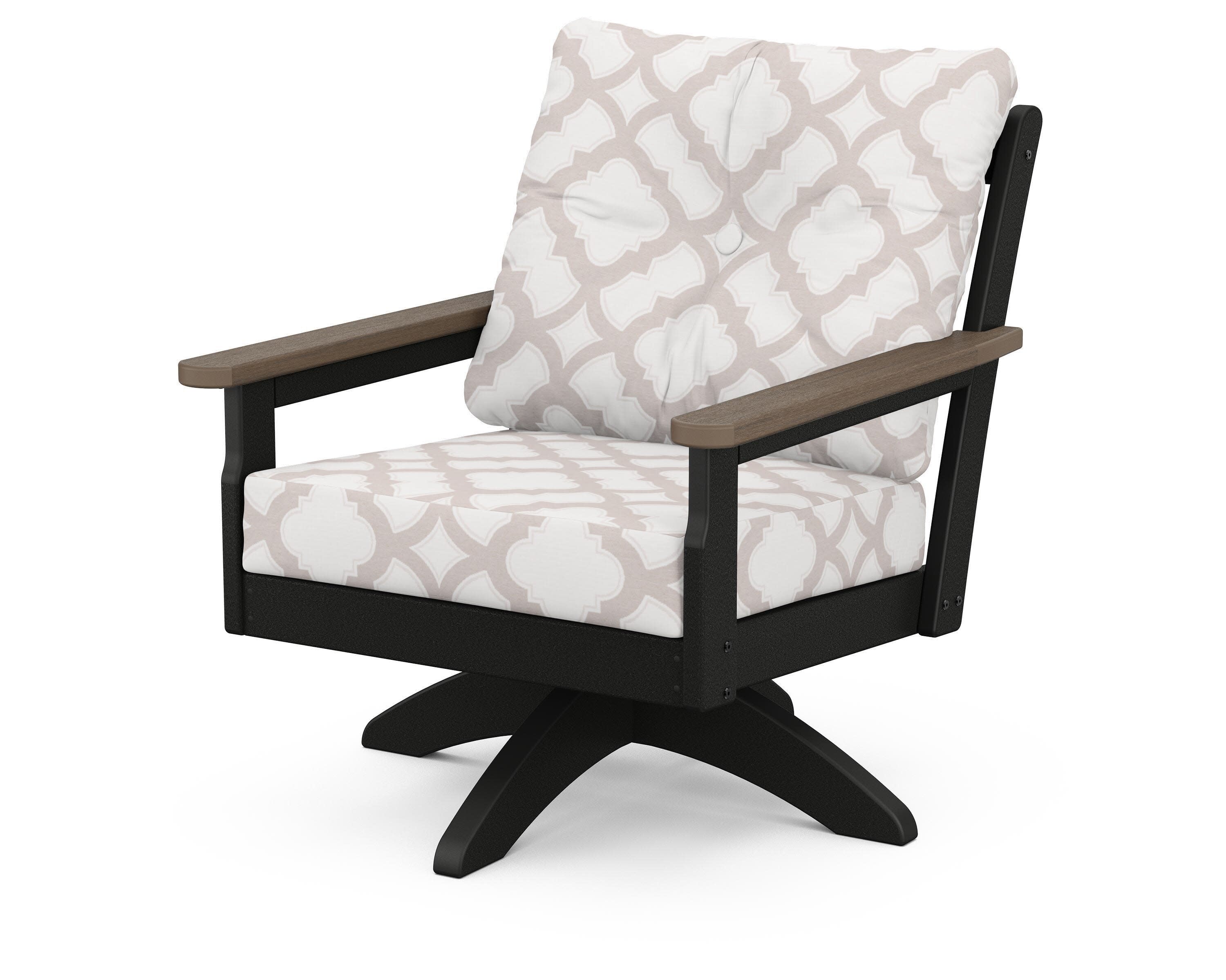 Vineyard Deep Seating Swivel Chair in Black / Kona / Trellis Dune Burlap