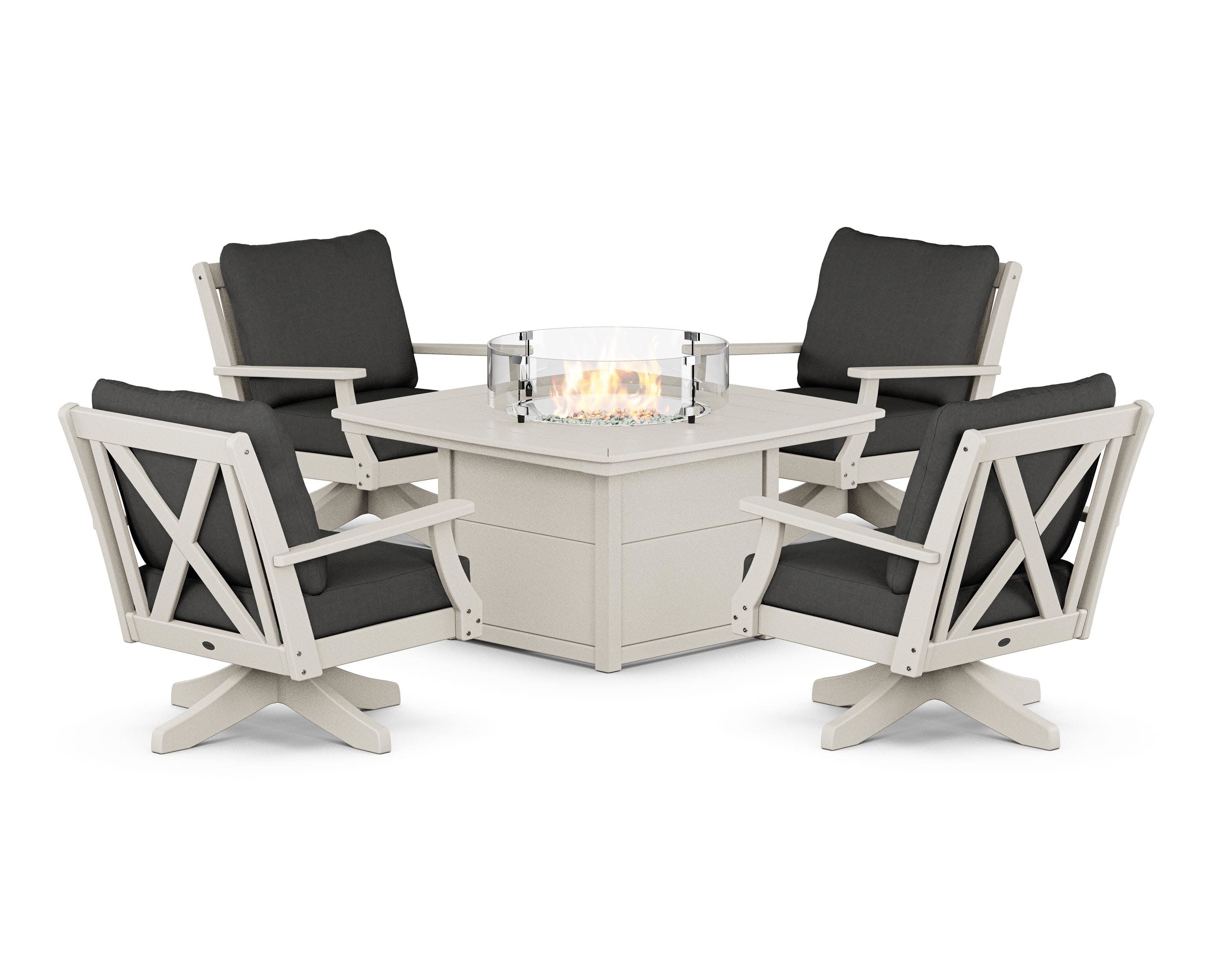 Braxton 5-Piece Deep Seating Swivel Conversation Set with Fire Pit Table in Sand / Spectrum Carbon