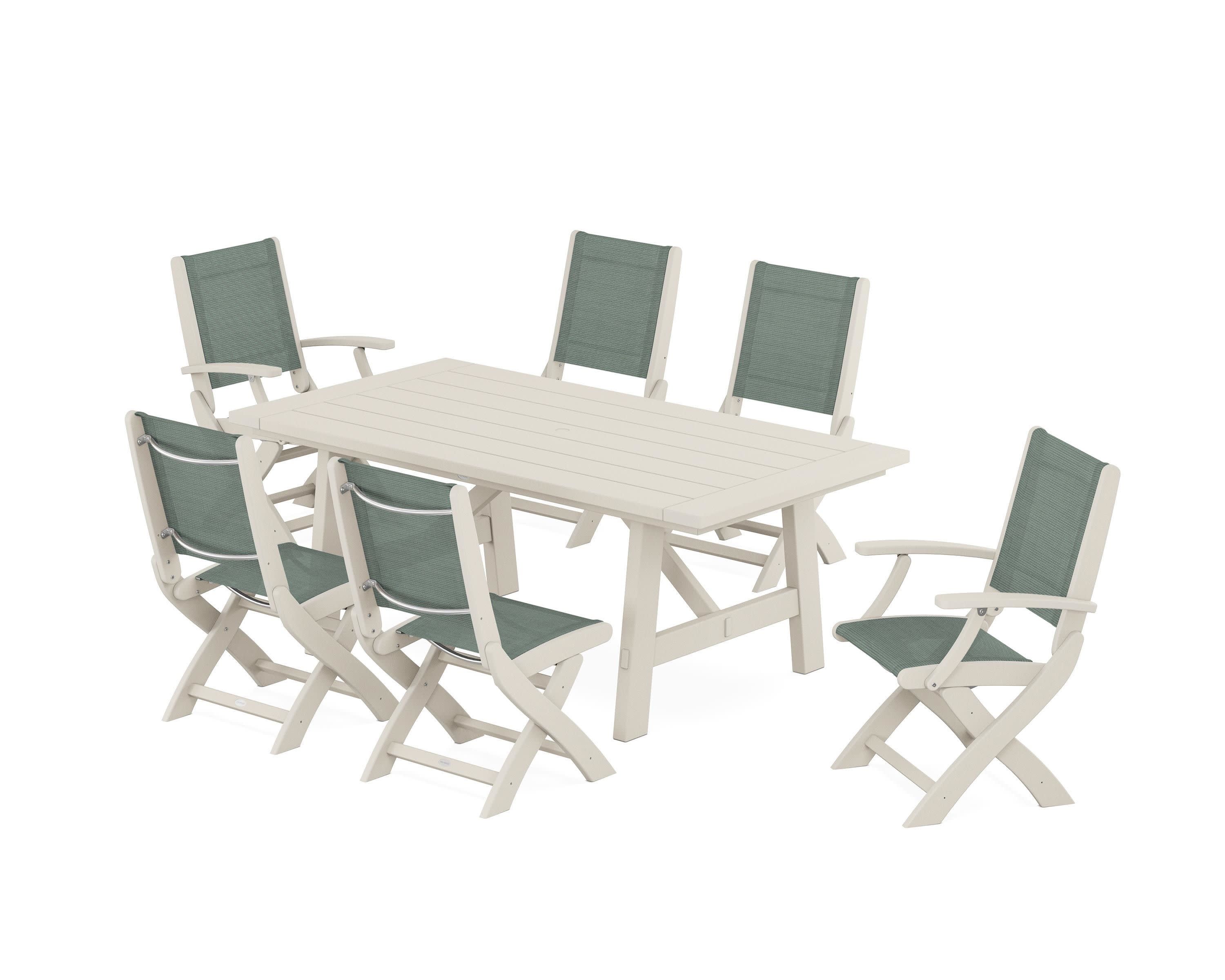 Coastal Folding Chair 7-Piece Rustic Farmhouse Dining Set in Sand / Dupioni Sea Mist Sling