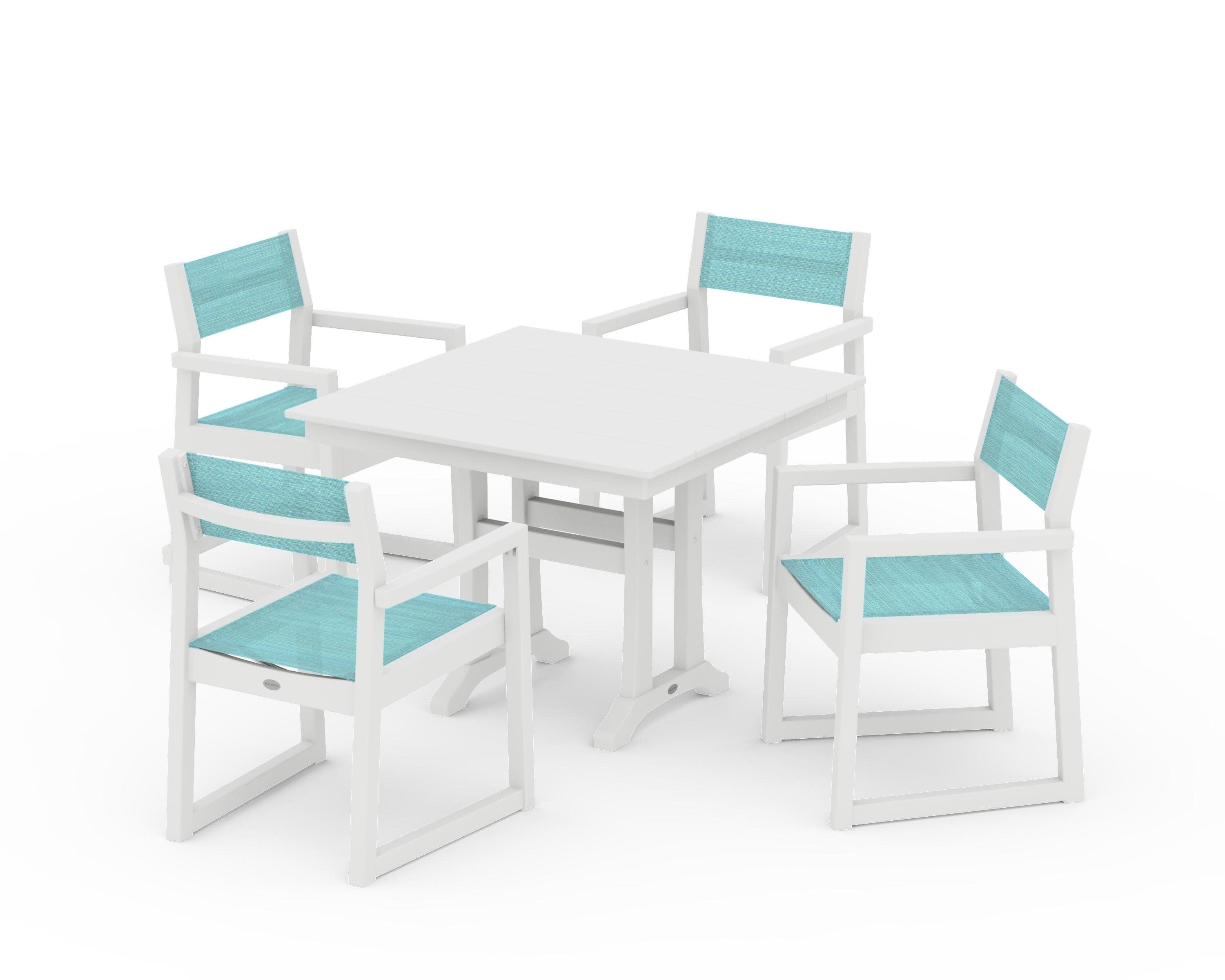 EDGE Sling 5-Piece Farmhouse Dining Set with Trestle Legs in White / Dupioni Aquamarine Sling