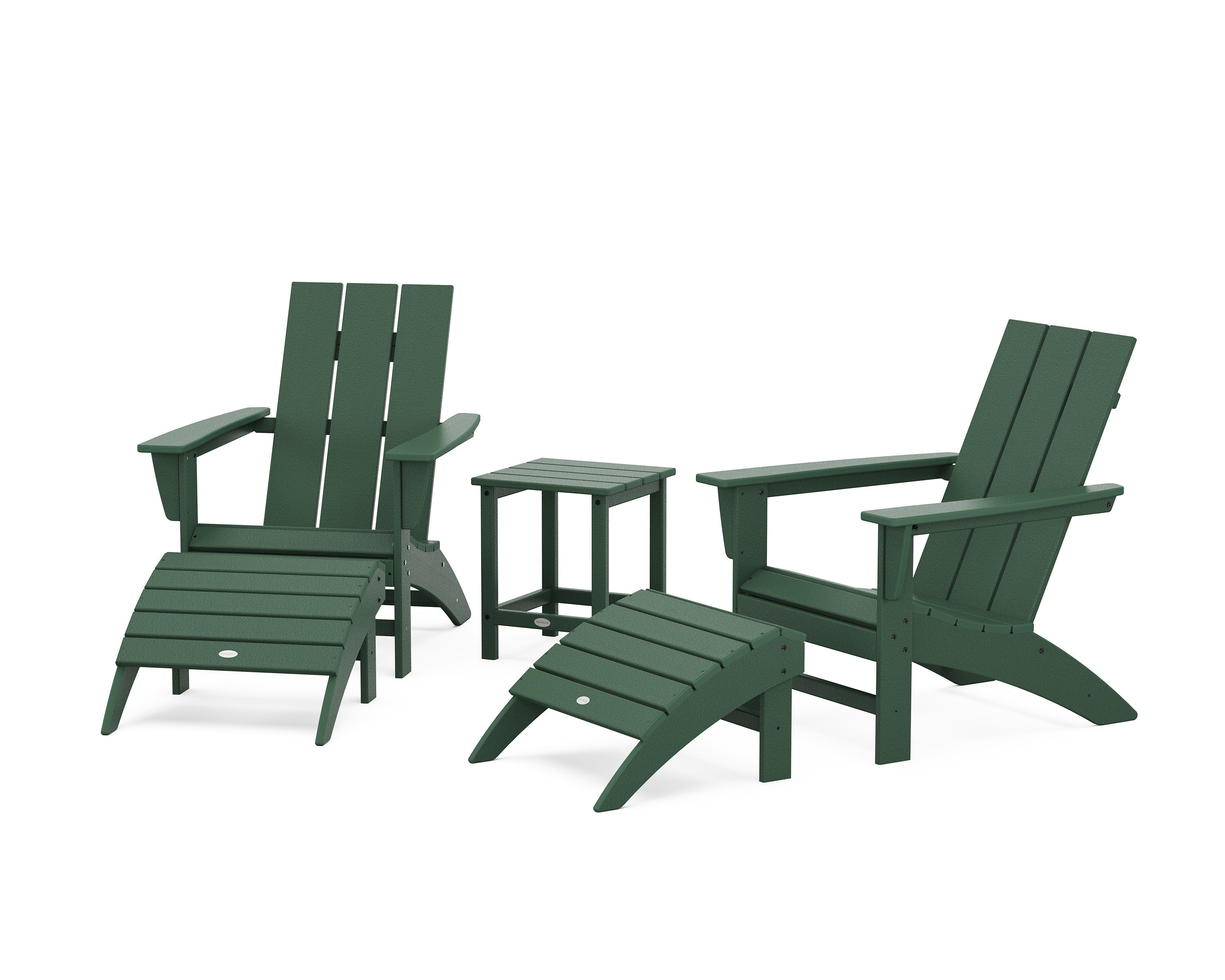 Modern Adirondack Chair 5-Piece Set with Ottomans and 18" Side Table in Green