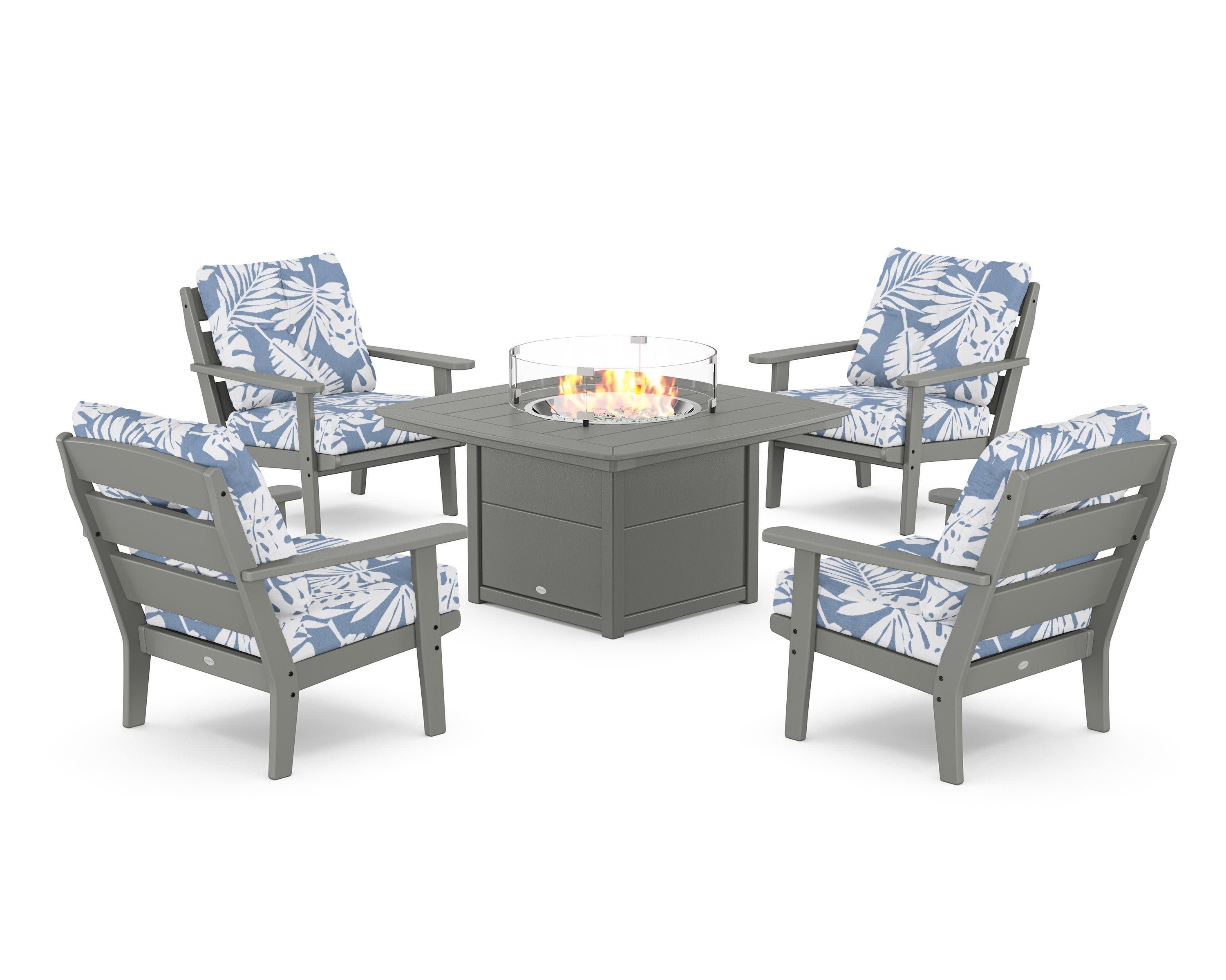 Lakeside 5-Piece Deep Seating Set with Nautical Fire Pit Table in Slate Grey / Leaf Sky Blue