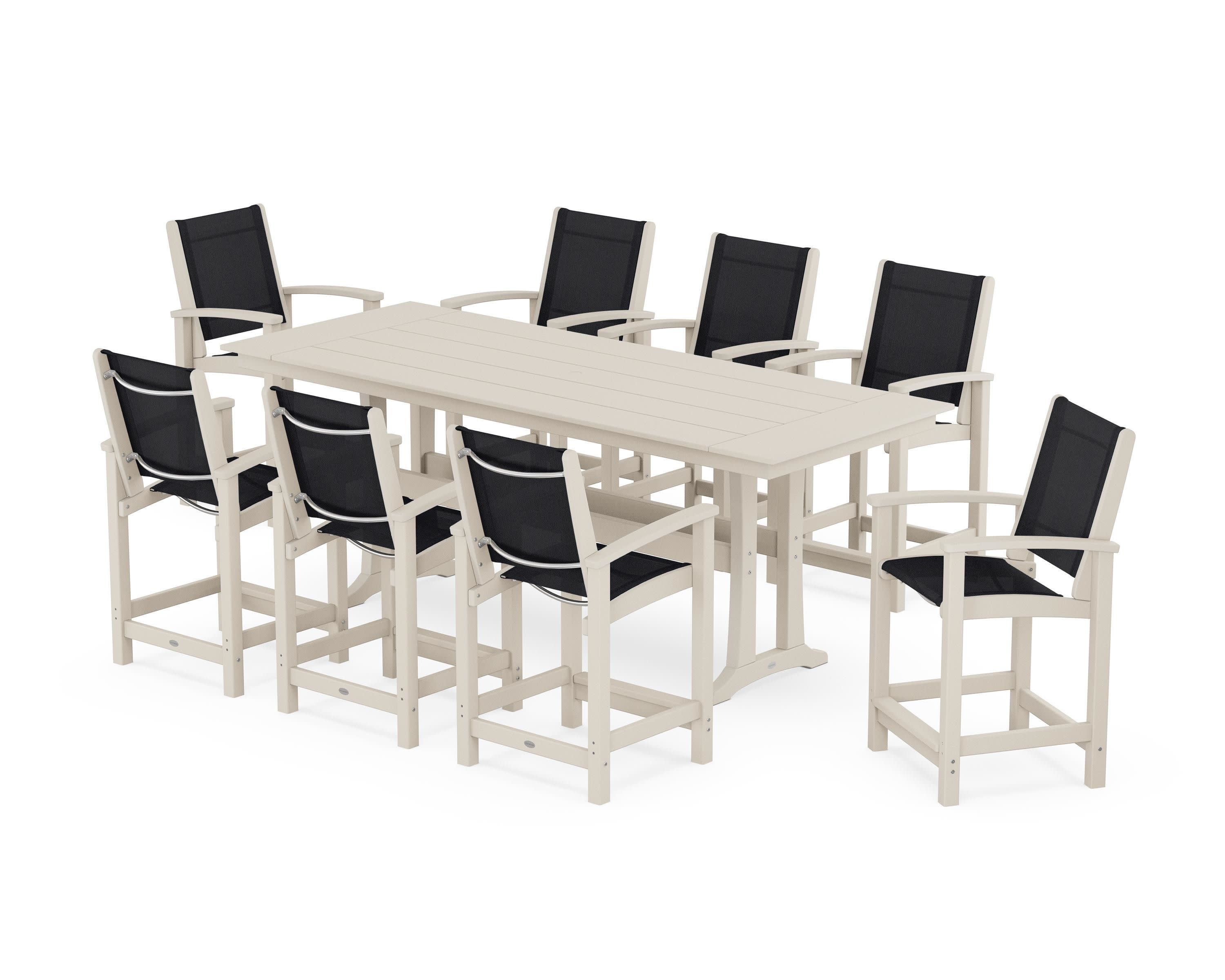 Coastal 9-Piece Farmhouse Counter Set with Trestle Legs in Sand / Black Sling