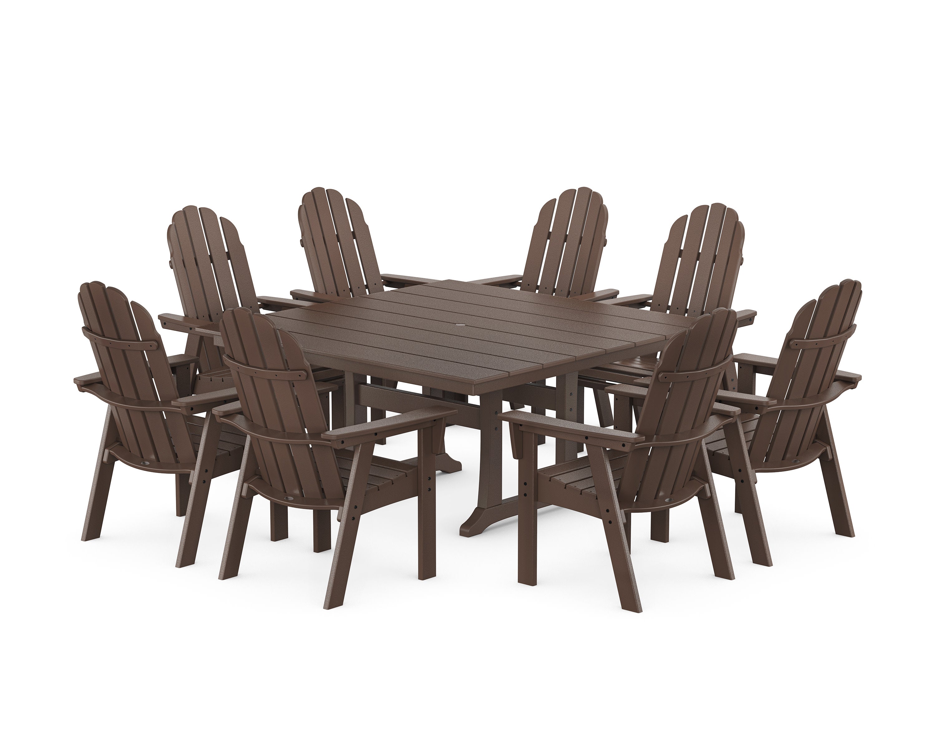 Vineyard Curveback Adirondack 9-Piece Square Farmhouse Dining Set with Trestle Legs in Mahogany