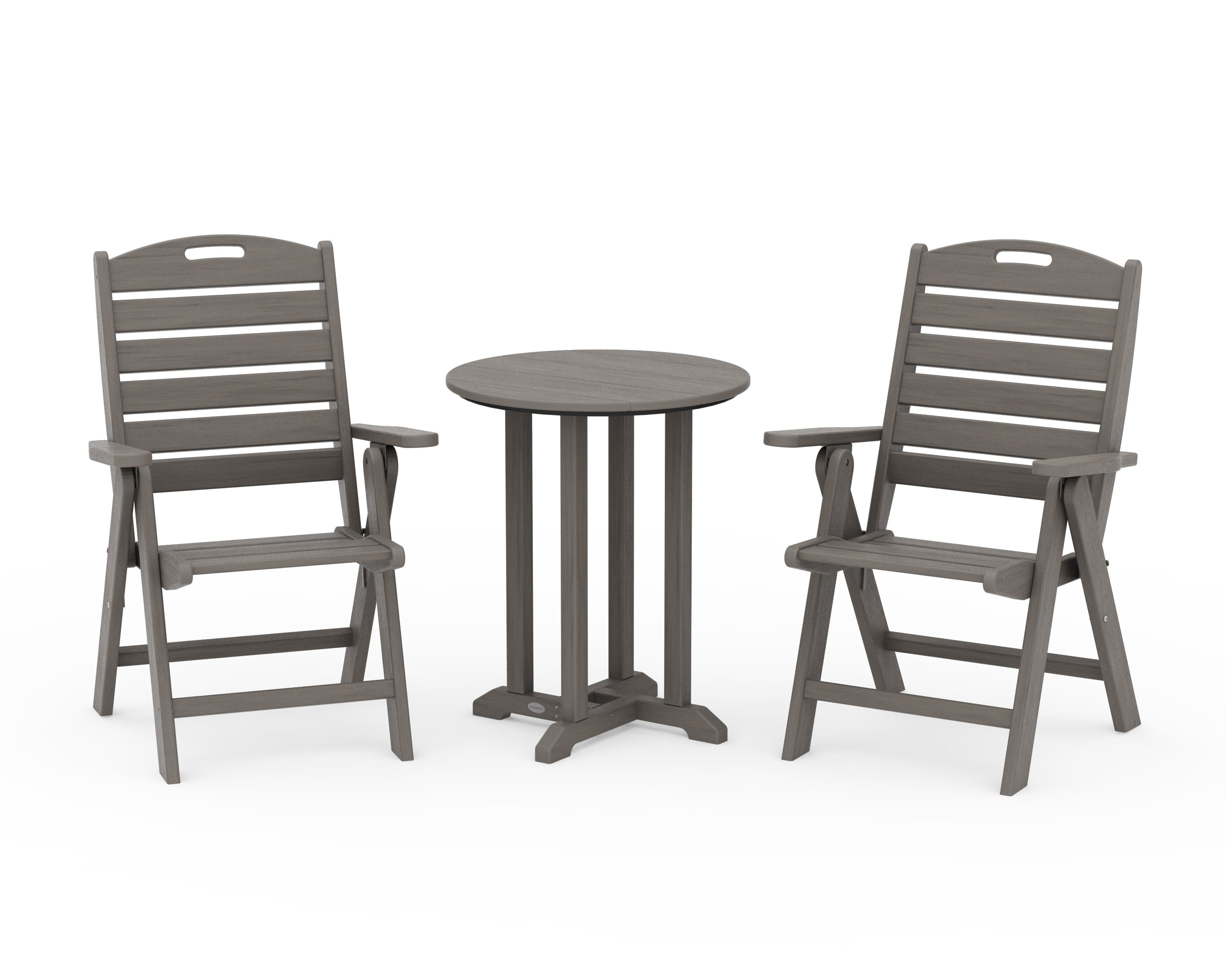 Nautical Folding Highback Chair 3-Piece Round Bistro Dining Set in Driftwood