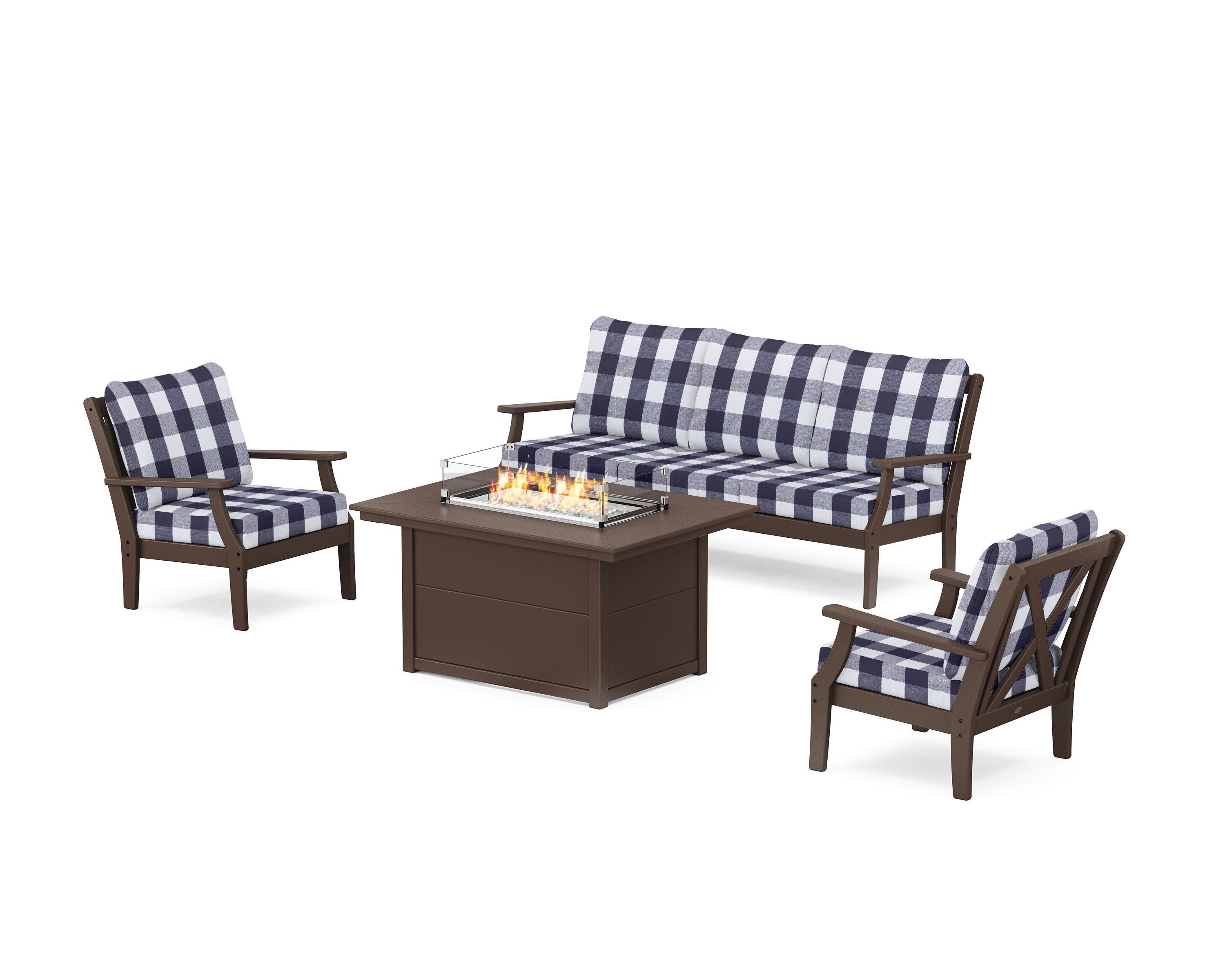 Braxton Deep Seating Fire Pit Table Set in Mahogany / Buffalo Plaid Navy