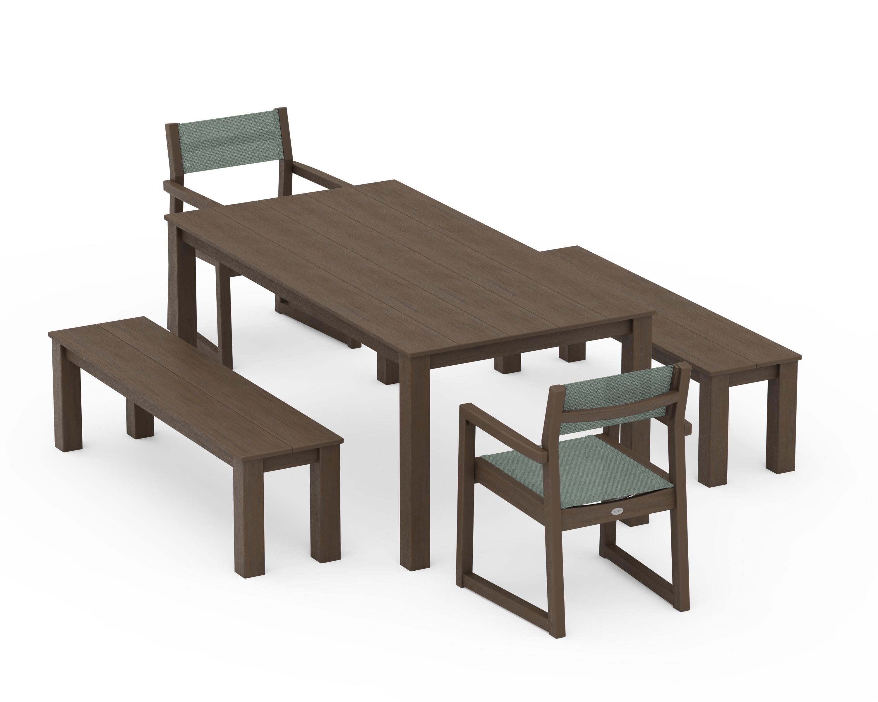 EDGE Sling Arm Chair 5-Piece Parsons Dining Set with Benches in Kona / Dupioni Sea Mist Sling