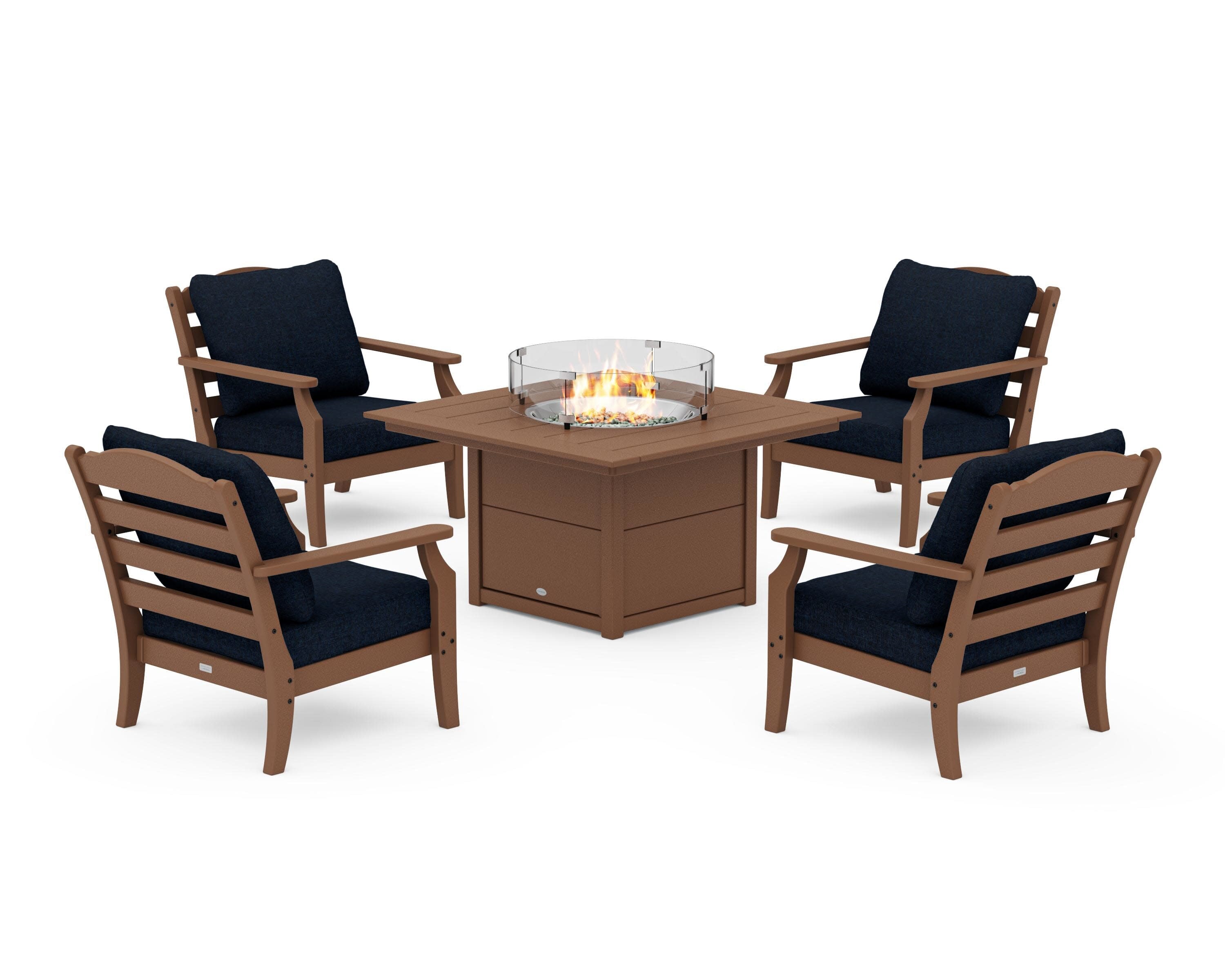 Savannah 5-Piece Deep Seating Set with Fire Pit Table in Teak / Marine Indigo