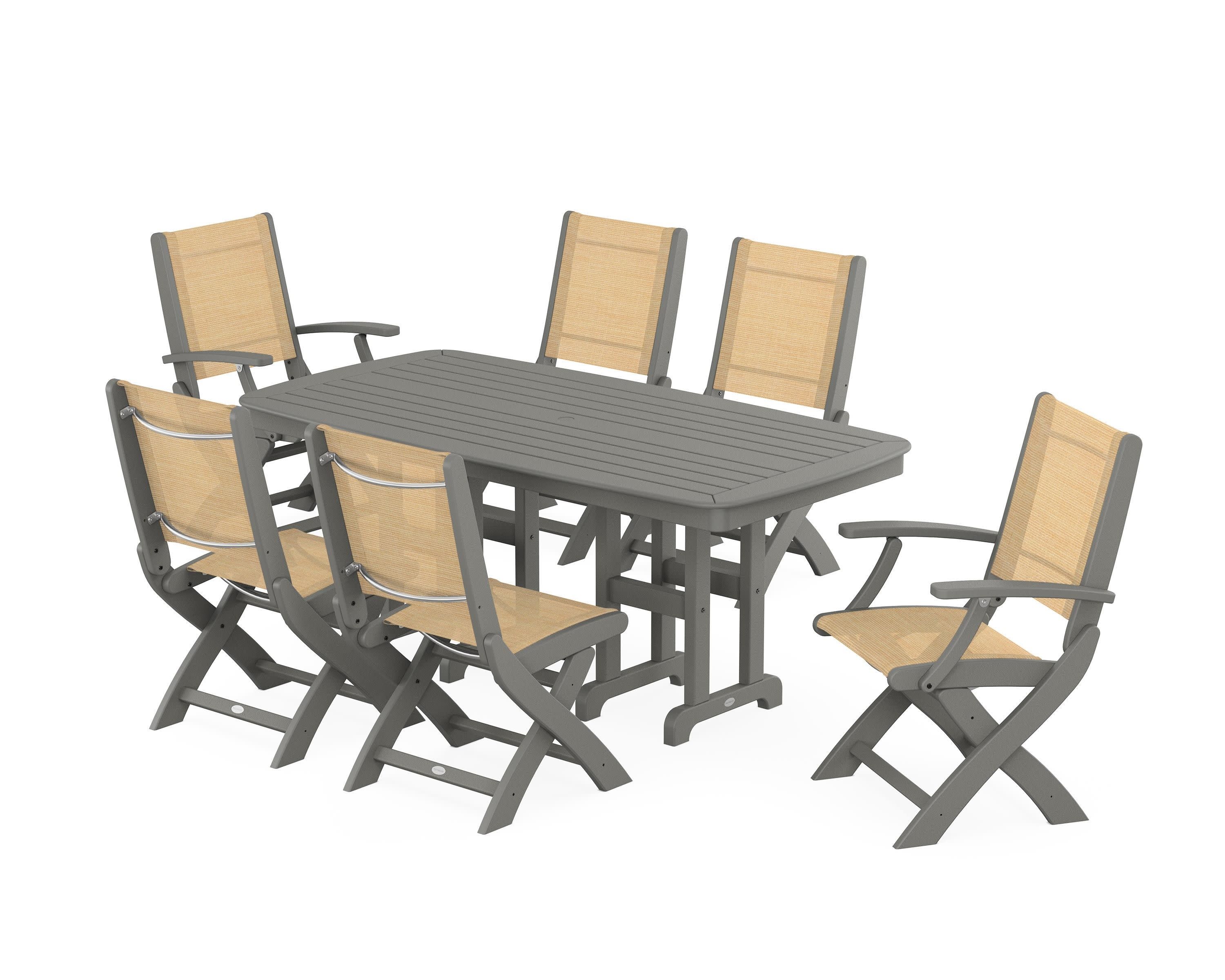 Coastal Folding Chair 7-Piece Dining Set in Slate Grey / Dupioni Apricot Sling