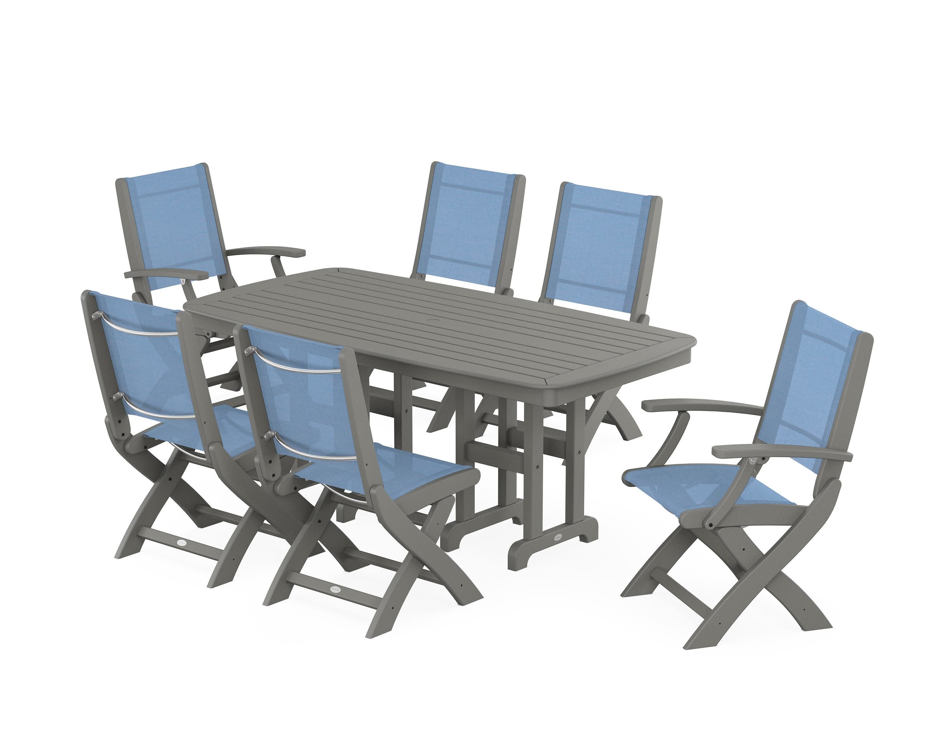 Coastal Folding Chair 7-Piece Dining Set in Slate Grey / Poolside Sling
