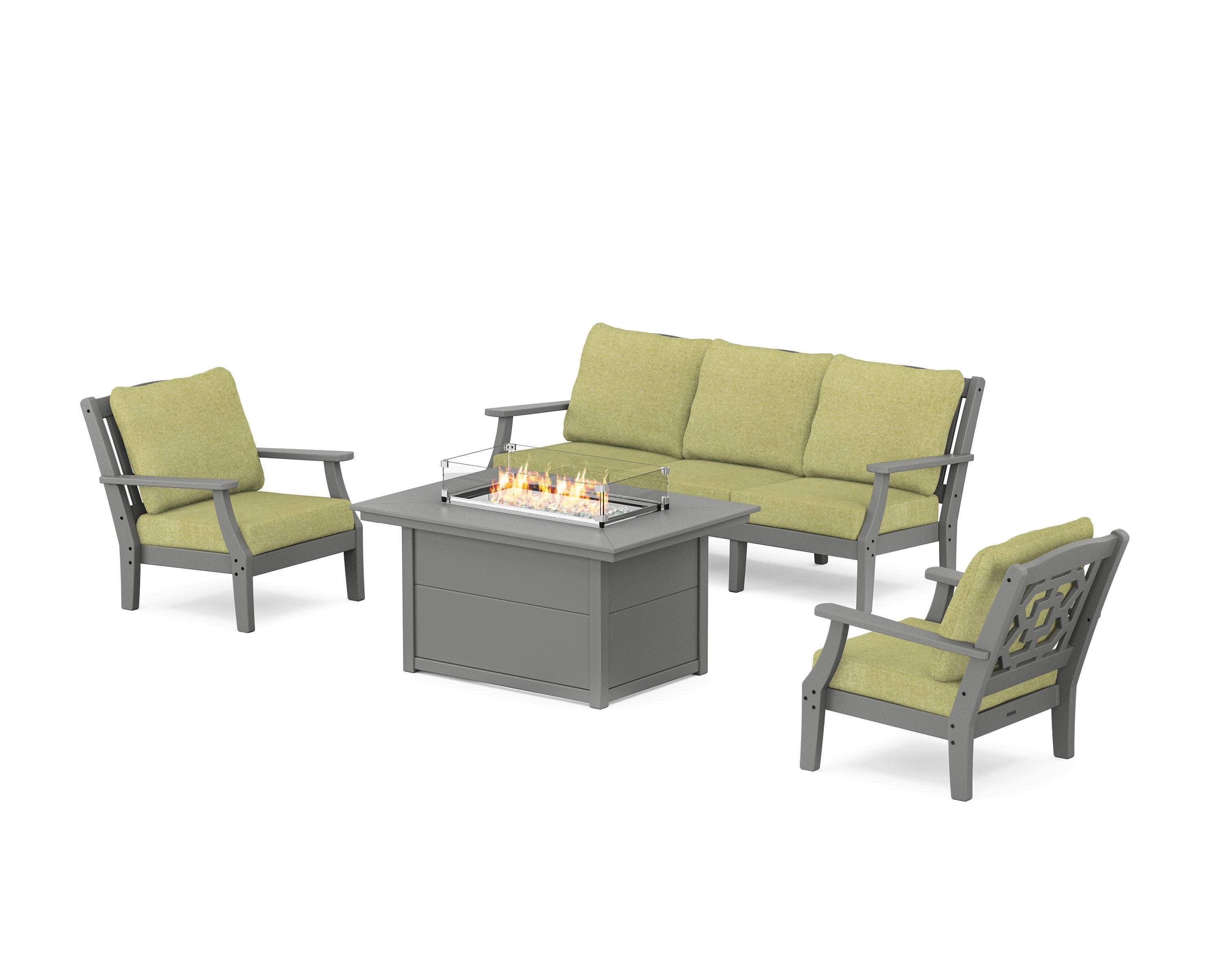 Chinoiserie Deep Seating Fire Pit Table Set in Slate Grey / Chartreuse Boucle