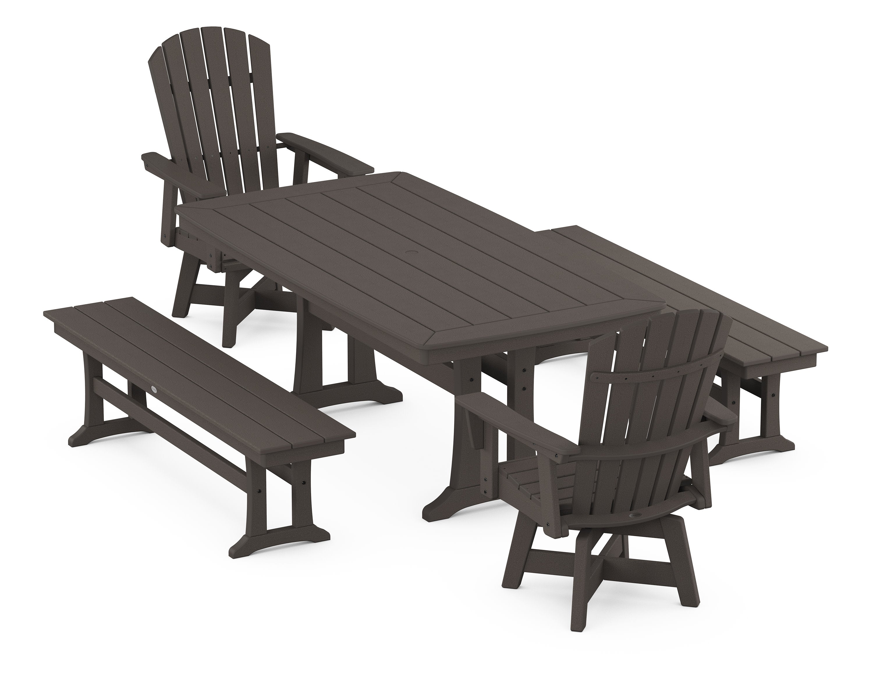 Nautical Curveback Adirondack Swivel Chair 5-Piece Dining Set with Trestle Legs and Benches in Vintage Coffee