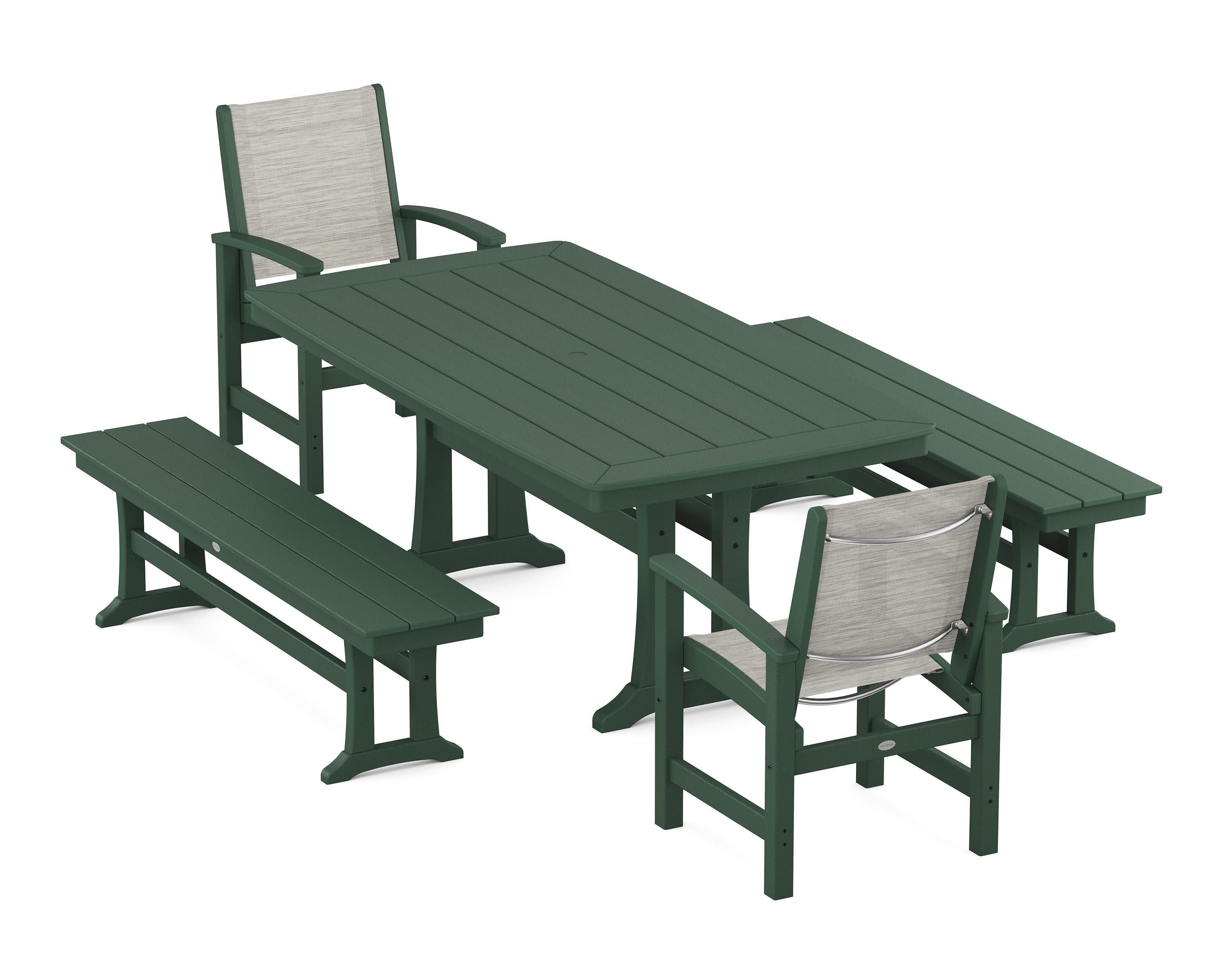 Coastal 5-Piece Dining Set with Trestle Legs and Benches in Green / Birch Sling