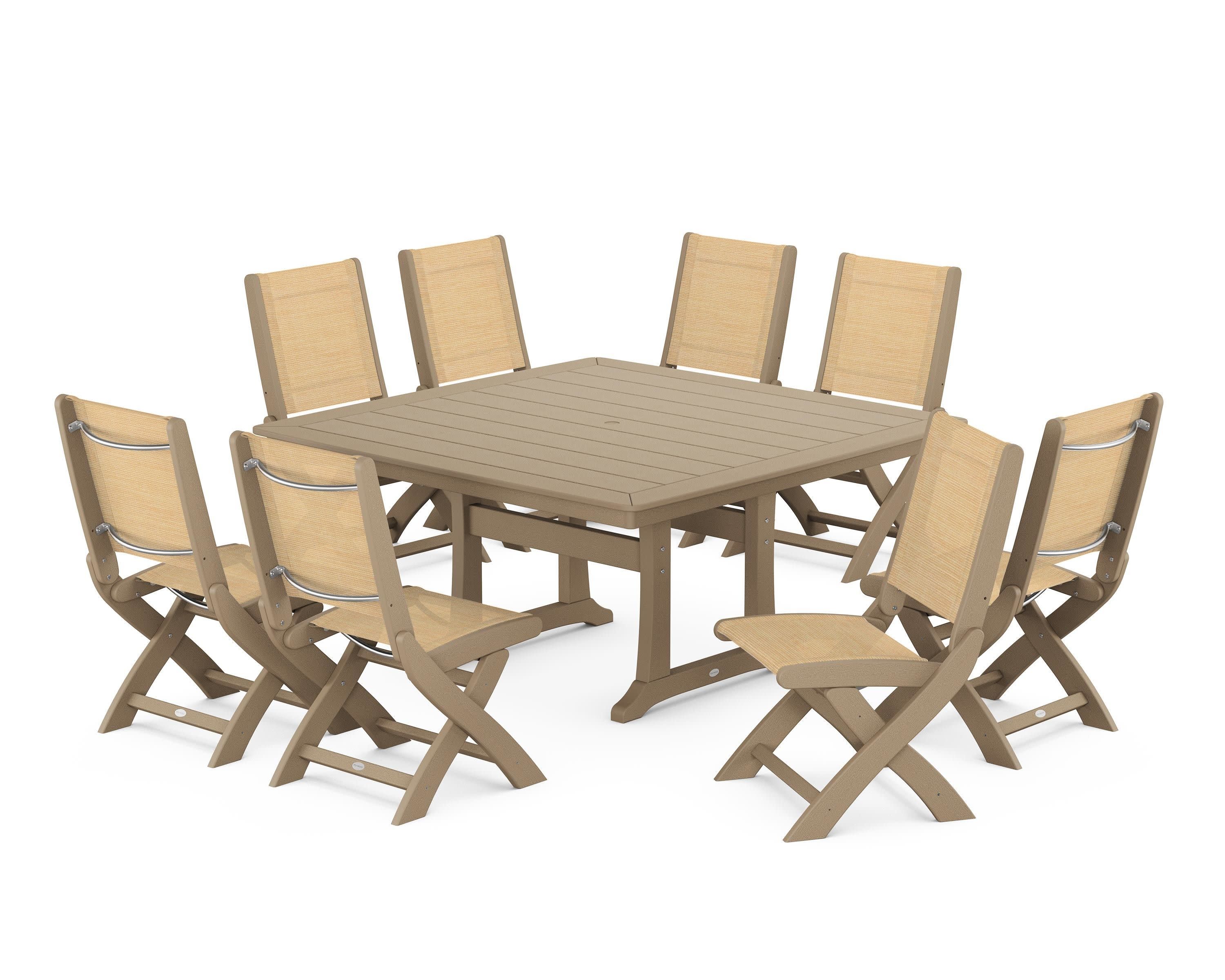 Coastal Folding Side Chair 9-Piece Dining Set with Trestle Legs in Vintage Sahara / Dupioni Apricot Sling
