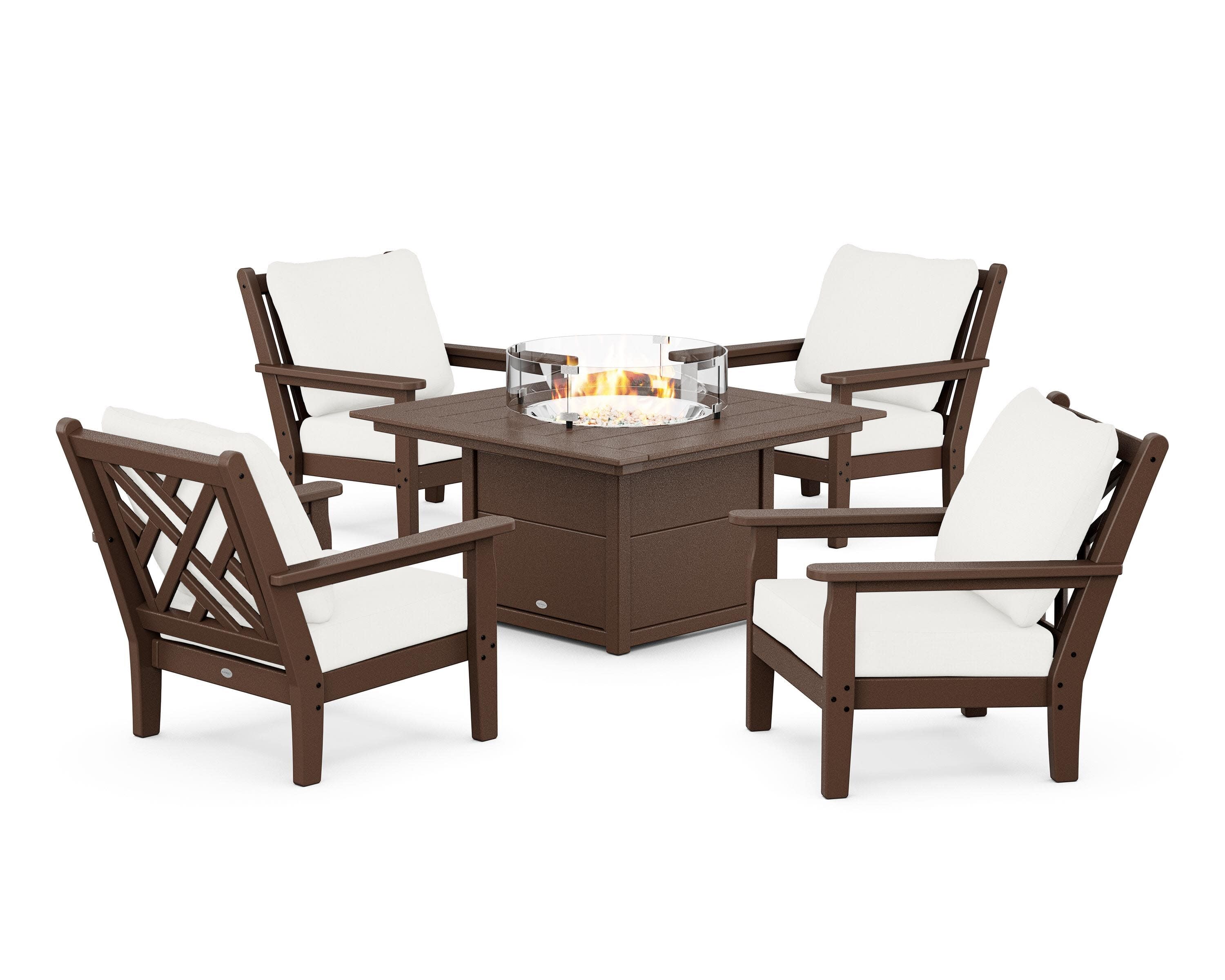 Chippendale 5-Piece Deep Seating Set with Fire Pit Table in Mahogany / Natural Linen