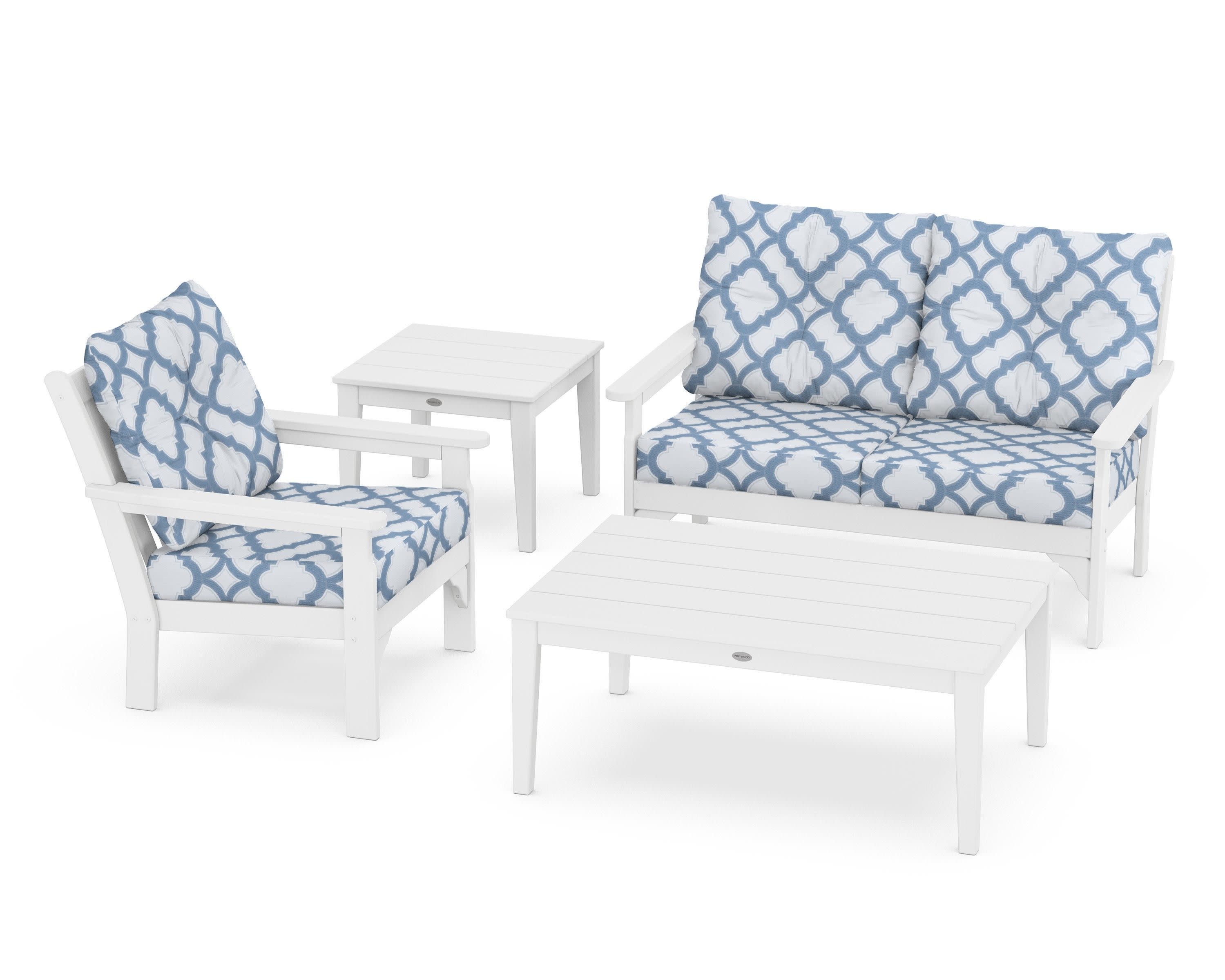 Vineyard 4-Piece Deep Seating Set in White / Trellis Sky Blue