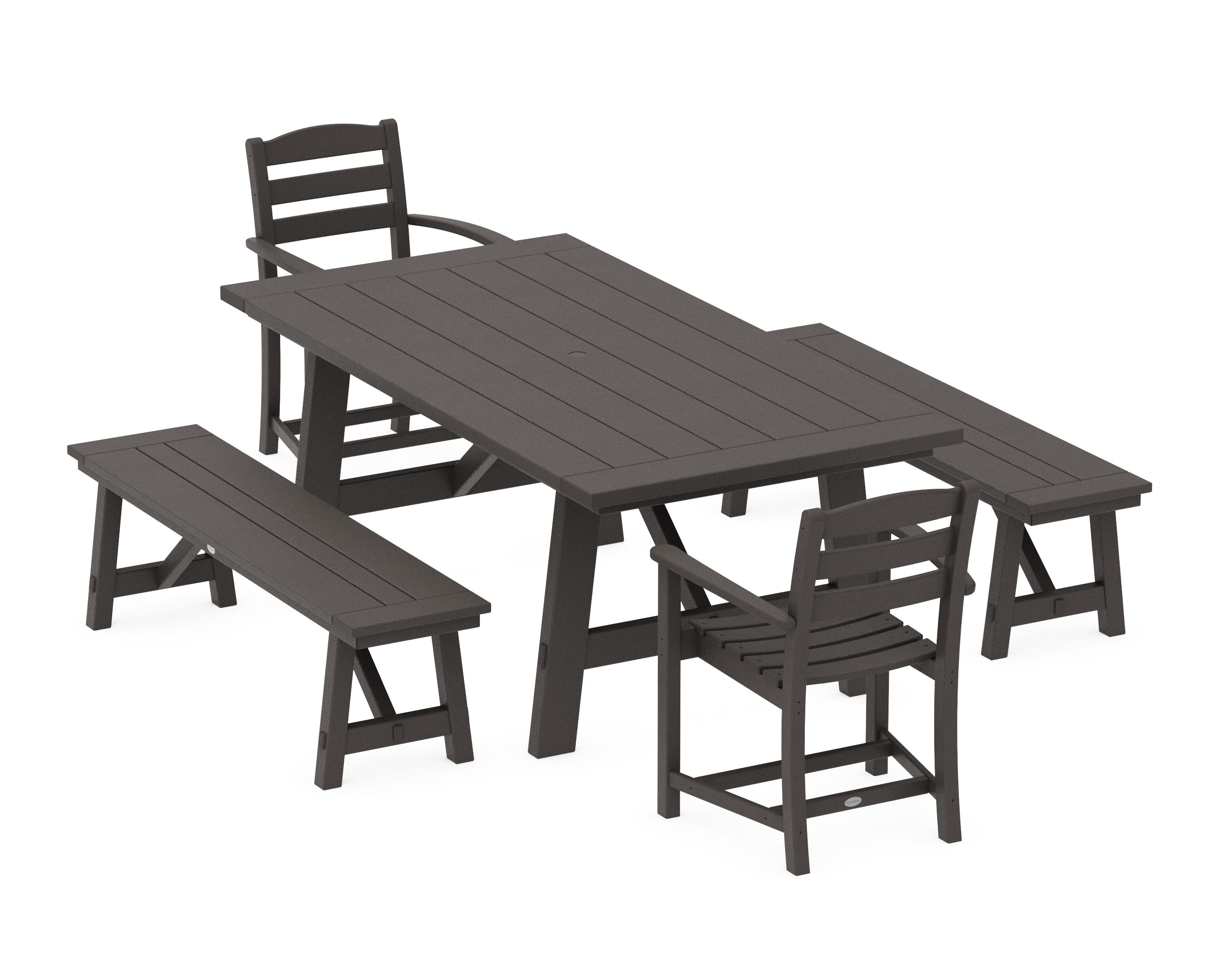La Casa Caf 5-Piece Rustic Farmhouse Dining Set With Benches in Vintage Coffee
