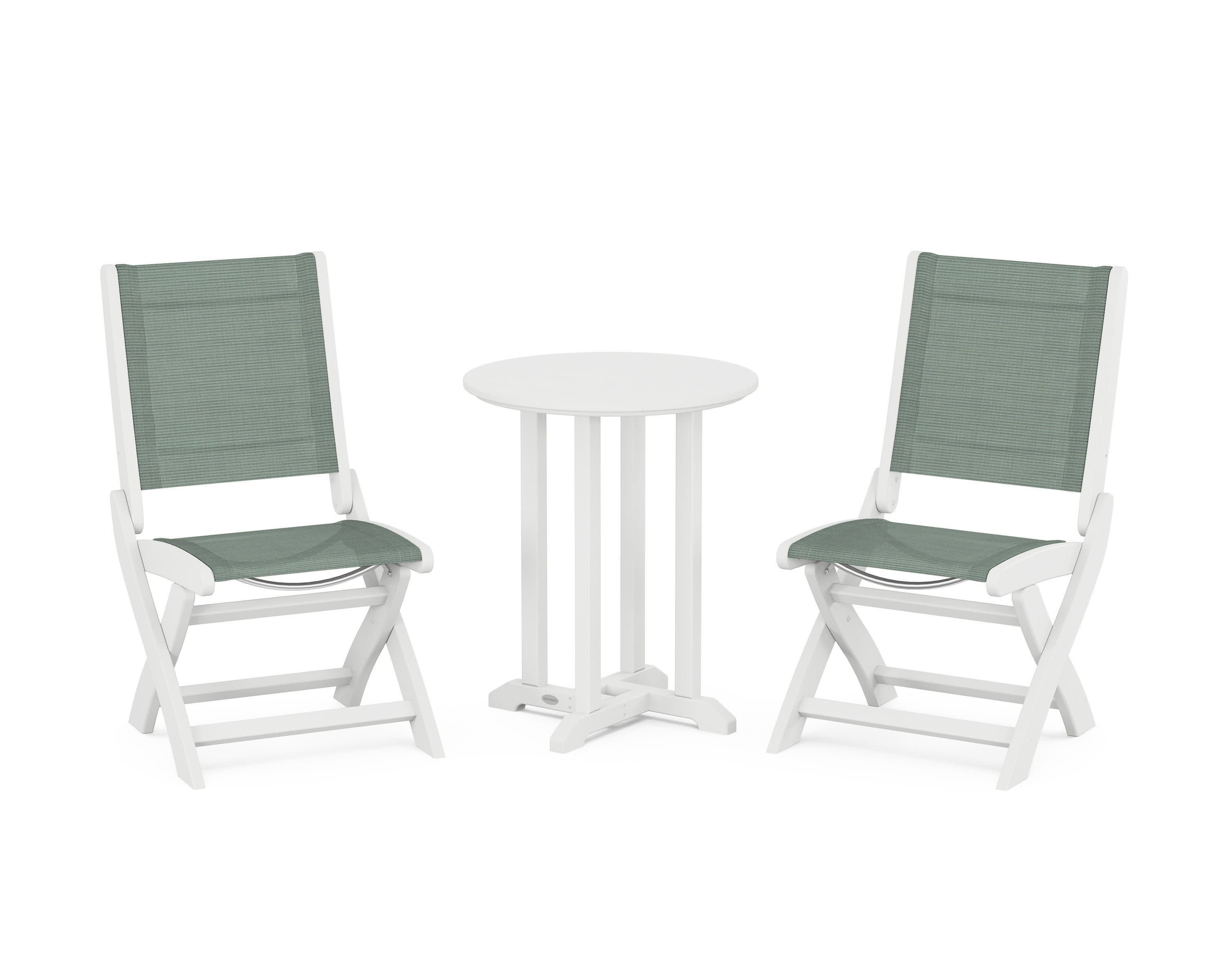 Coastal Folding Side Chair 3-Piece Round Bistro Dining Set in White / Dupioni Sea Mist Sling