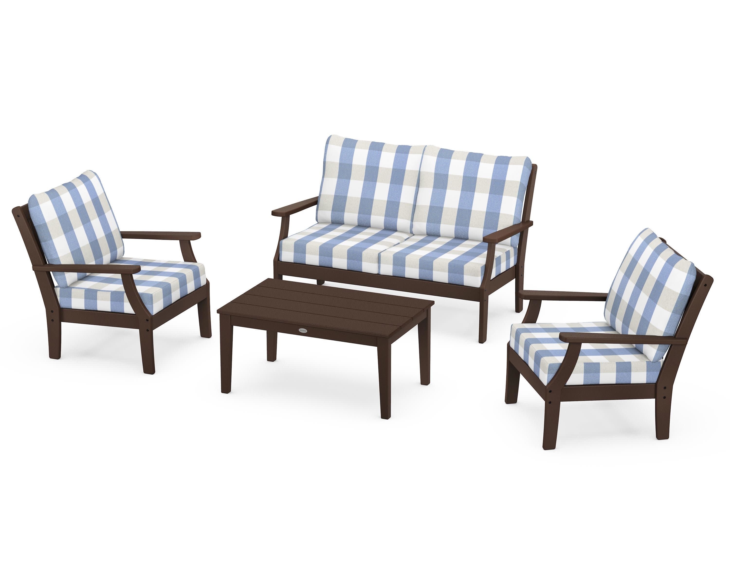 Braxton 4-Piece Deep Seating Chair Set in Mahogany / Buffalo Plaid Sky Blue