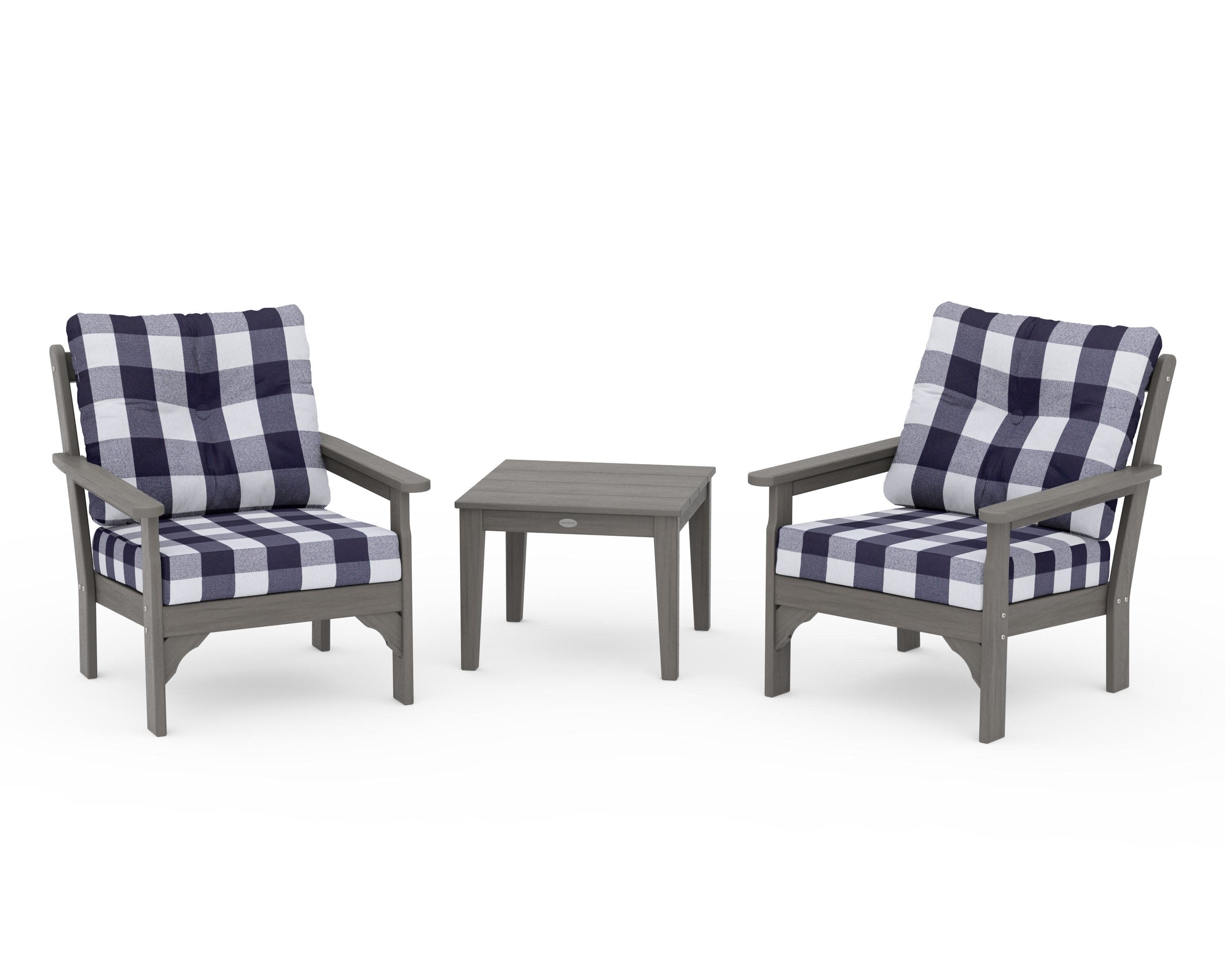 Vineyard 3-Piece Deep Seating Set in Driftwood / Buffalo Plaid Navy