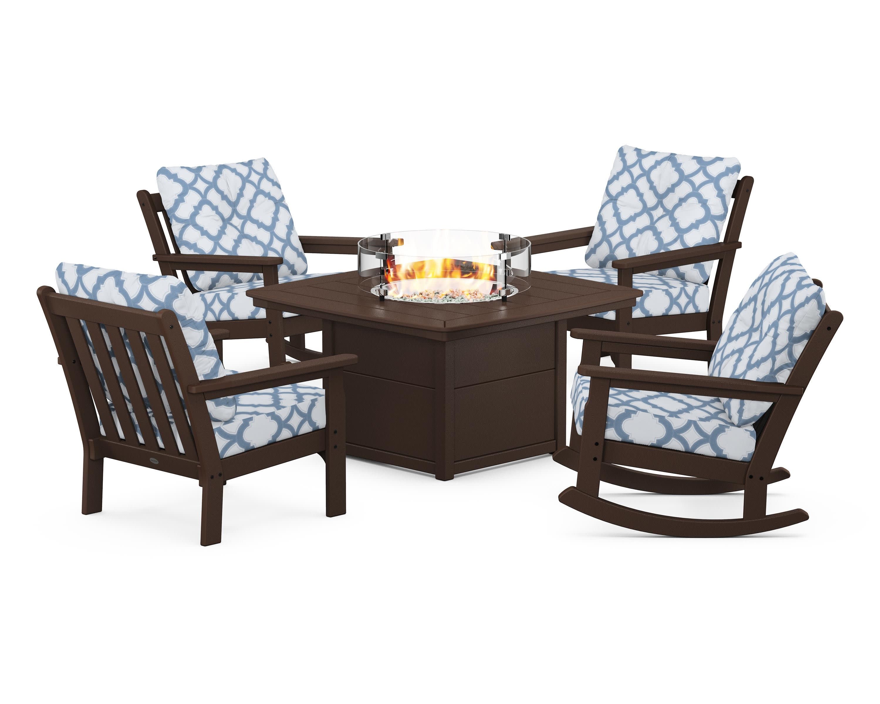Vineyard 5-Piece Deep Seating Rocking Chair Conversation Set with Fire Pit Table in Mahogany / Trellis Sky Blue