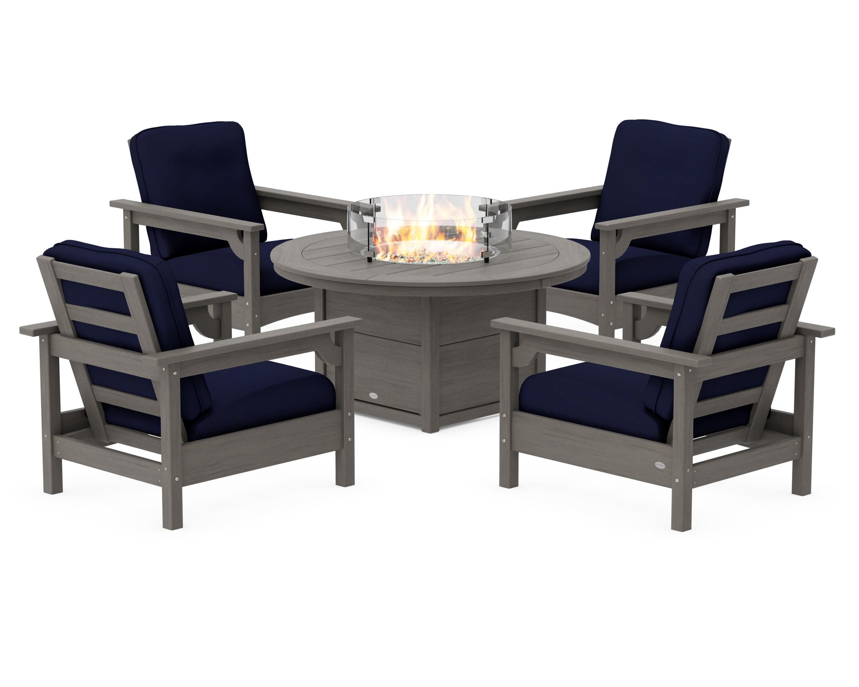 Club 5-Piece Conversation Set with Fire Pit Table in Driftwood / Navy