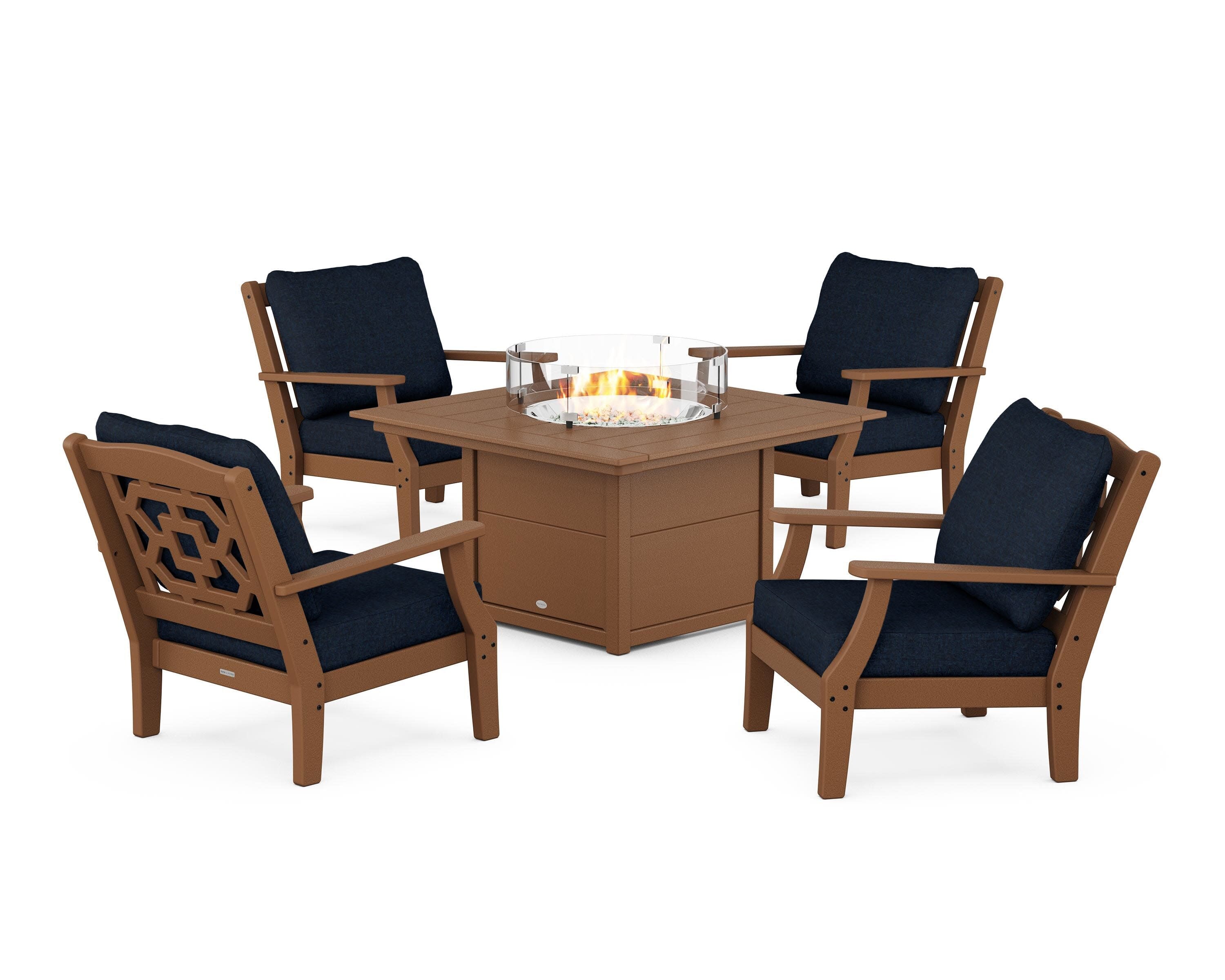 Chinoiserie 5-Piece Deep Seating Set with Fire Pit Table in Teak / Marine Indigo