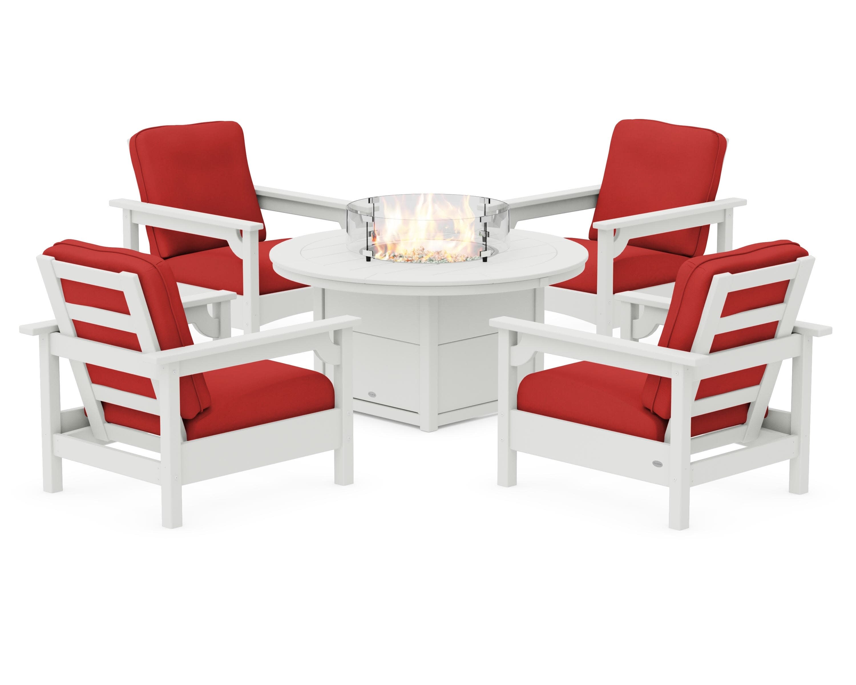 Club 5-Piece Conversation Set with Fire Pit Table in Vintage White / Crimson Linen