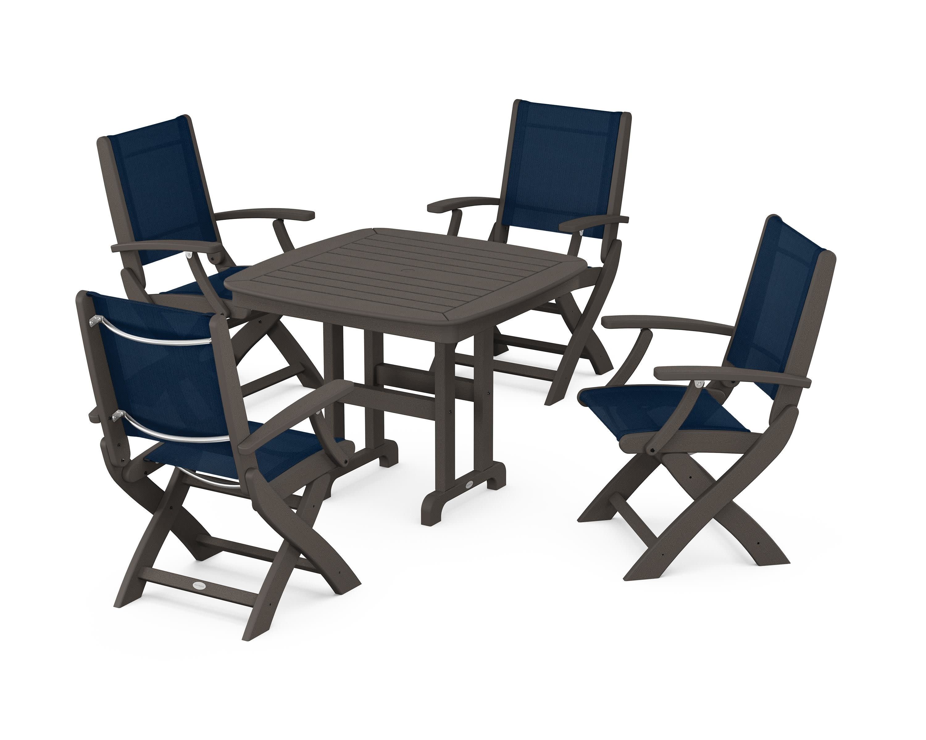 Coastal Folding Chair 5-Piece Dining Set in Vintage Coffee / Navy Blue Sling