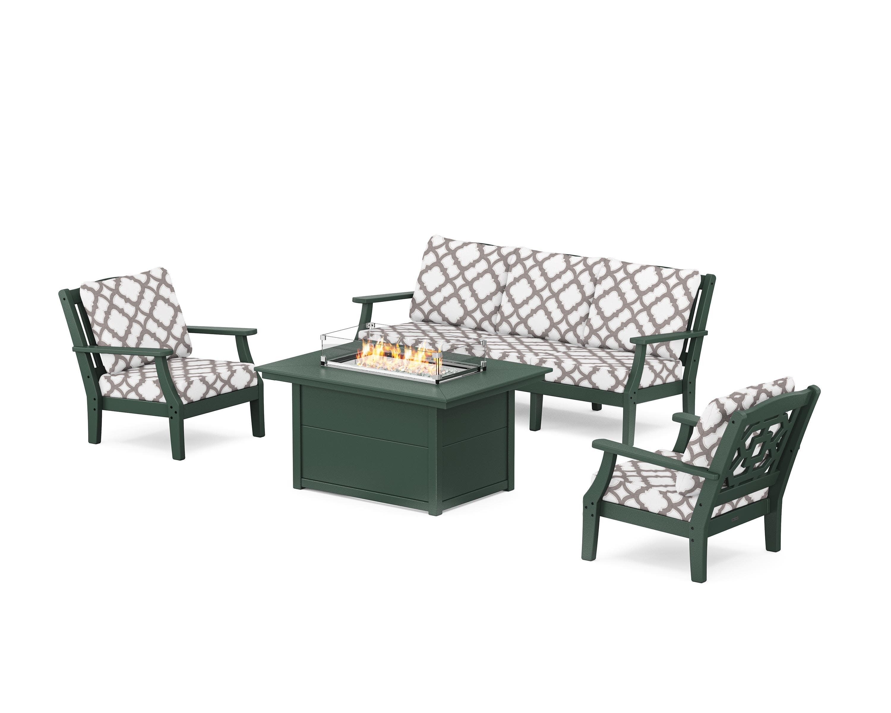 Chinoiserie Deep Seating Fire Pit Table Set in Green / Trellis Grey Mist