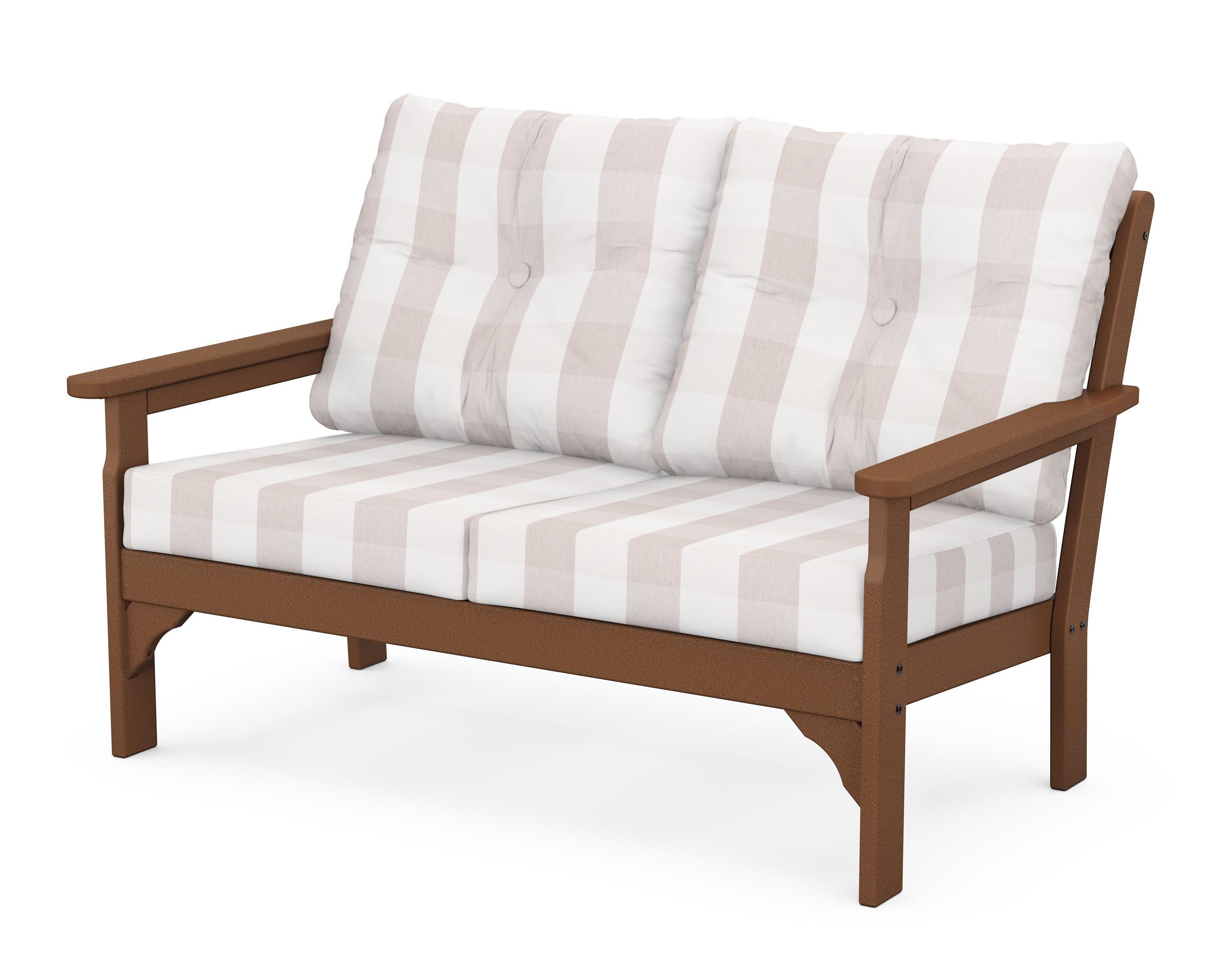 Vineyard Deep Seating Loveseat in Teak / Buffalo Plaid Dune Burlap