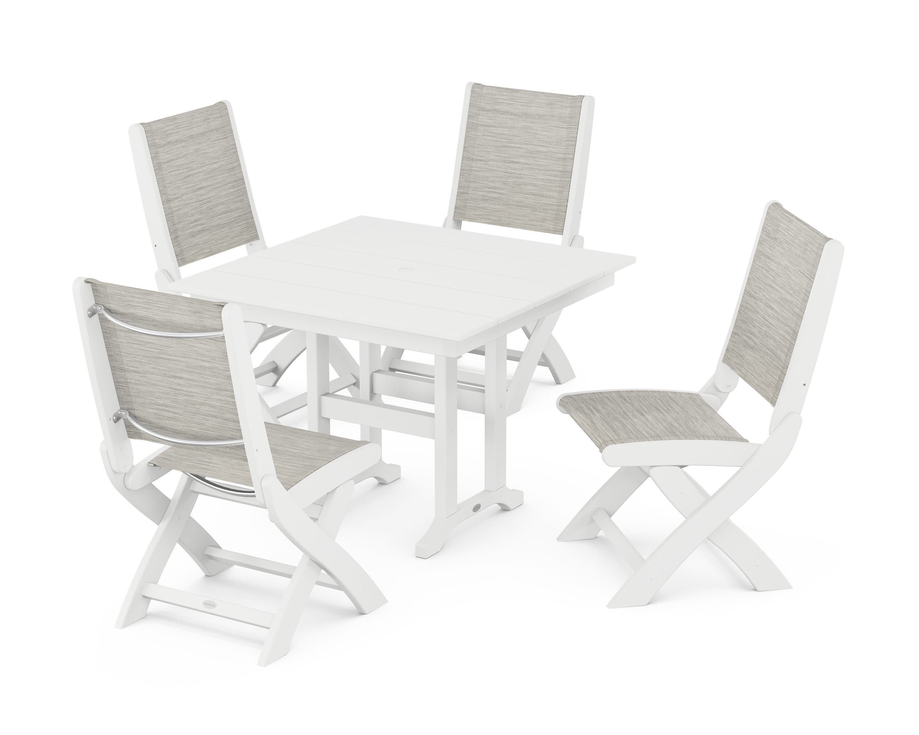 Coastal Folding Side Chair 5-Piece Farmhouse Dining Set in White / Birch Sling