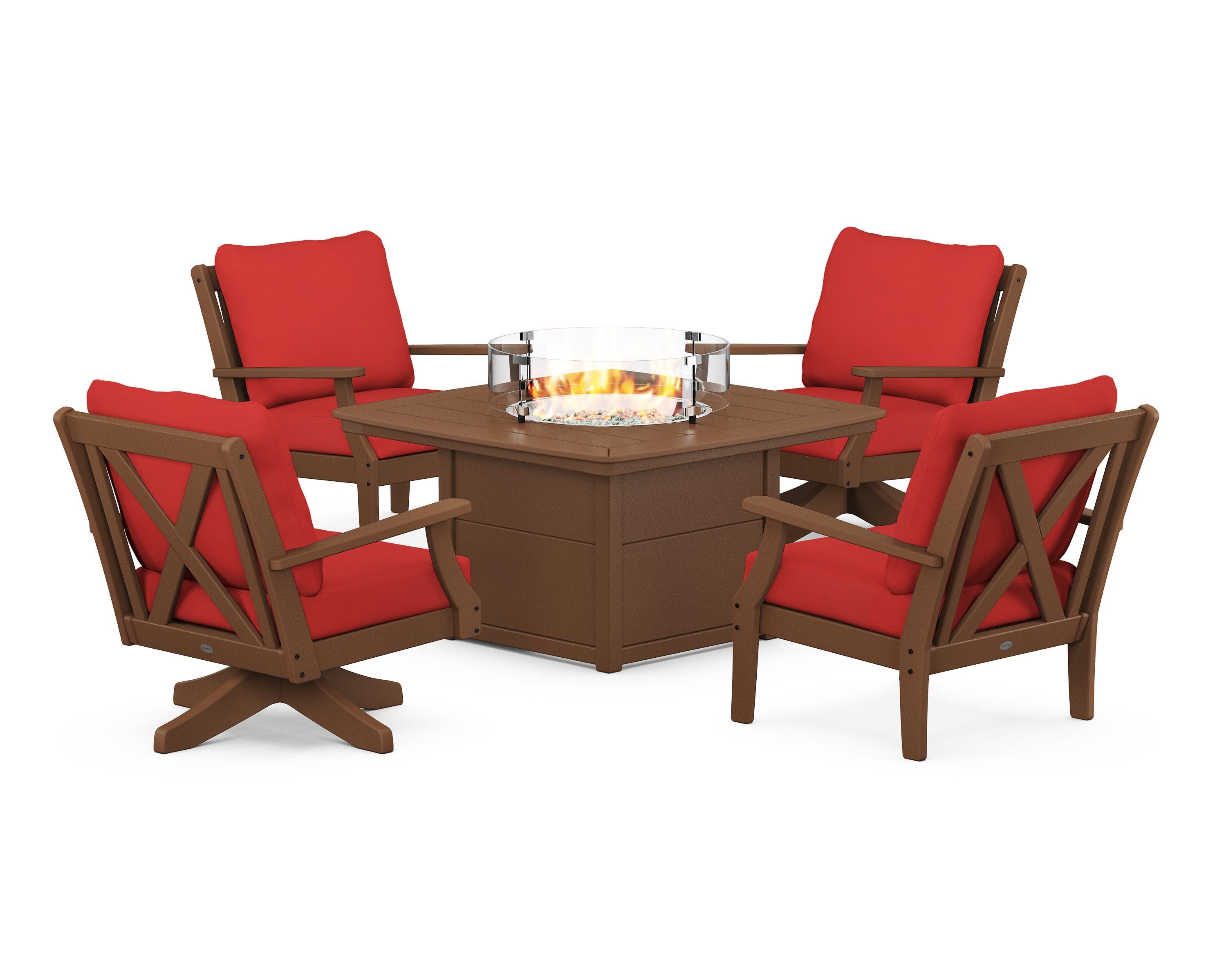 Braxton 5-Piece Deep Seating Set with Fire Table in Teak / Crimson Linen