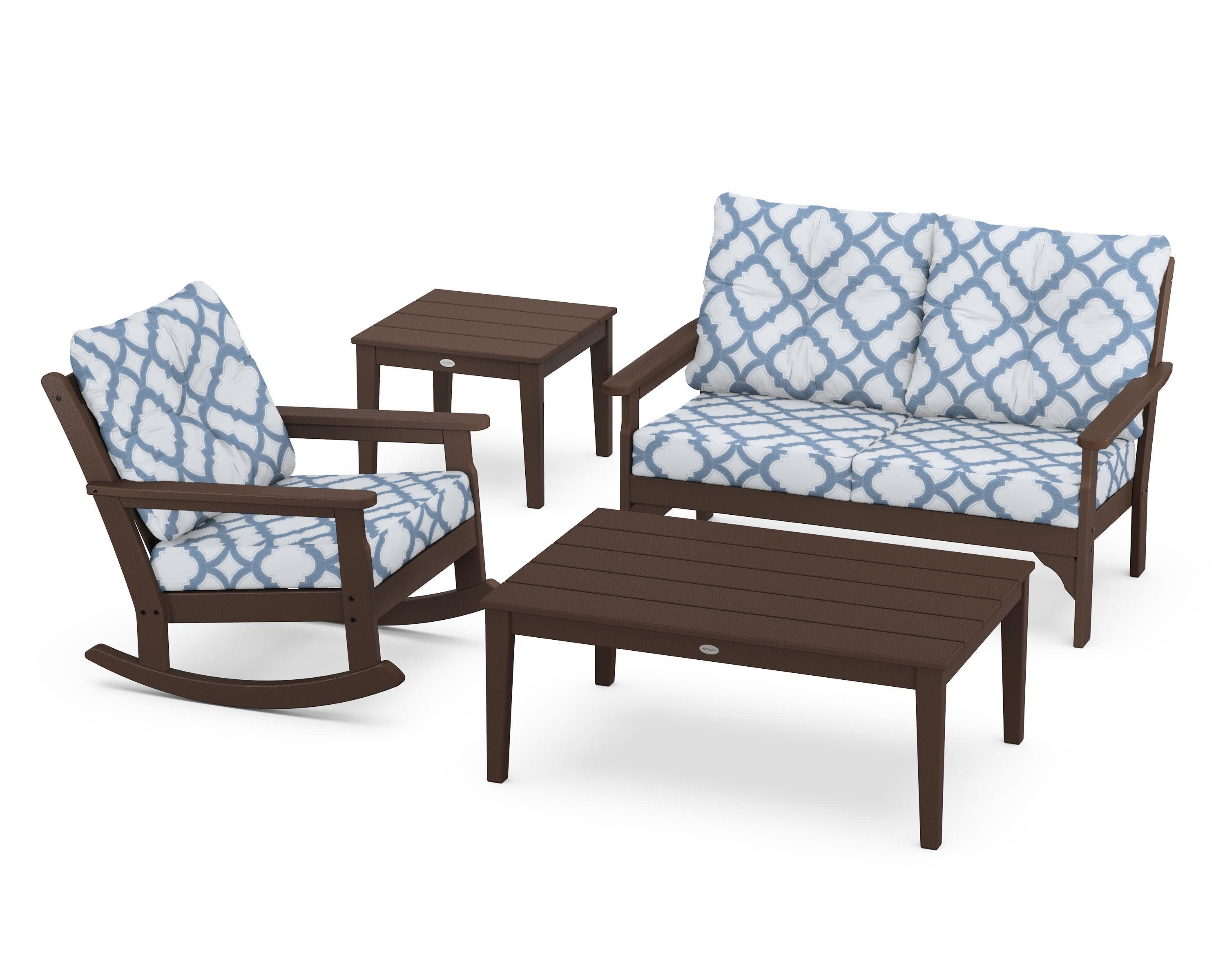Vineyard 4-Piece Deep Seating Rocker Set in Mahogany / Trellis Sky Blue