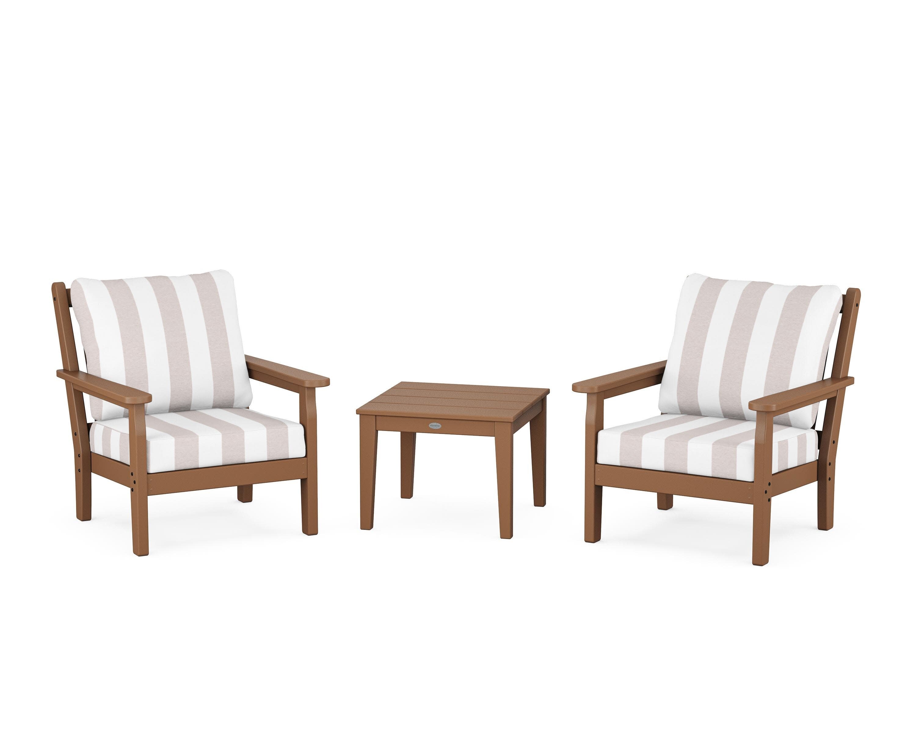 Chippendale 3-Piece Deep Seating Set in Teak / Cabana Stripe Dune Burlap