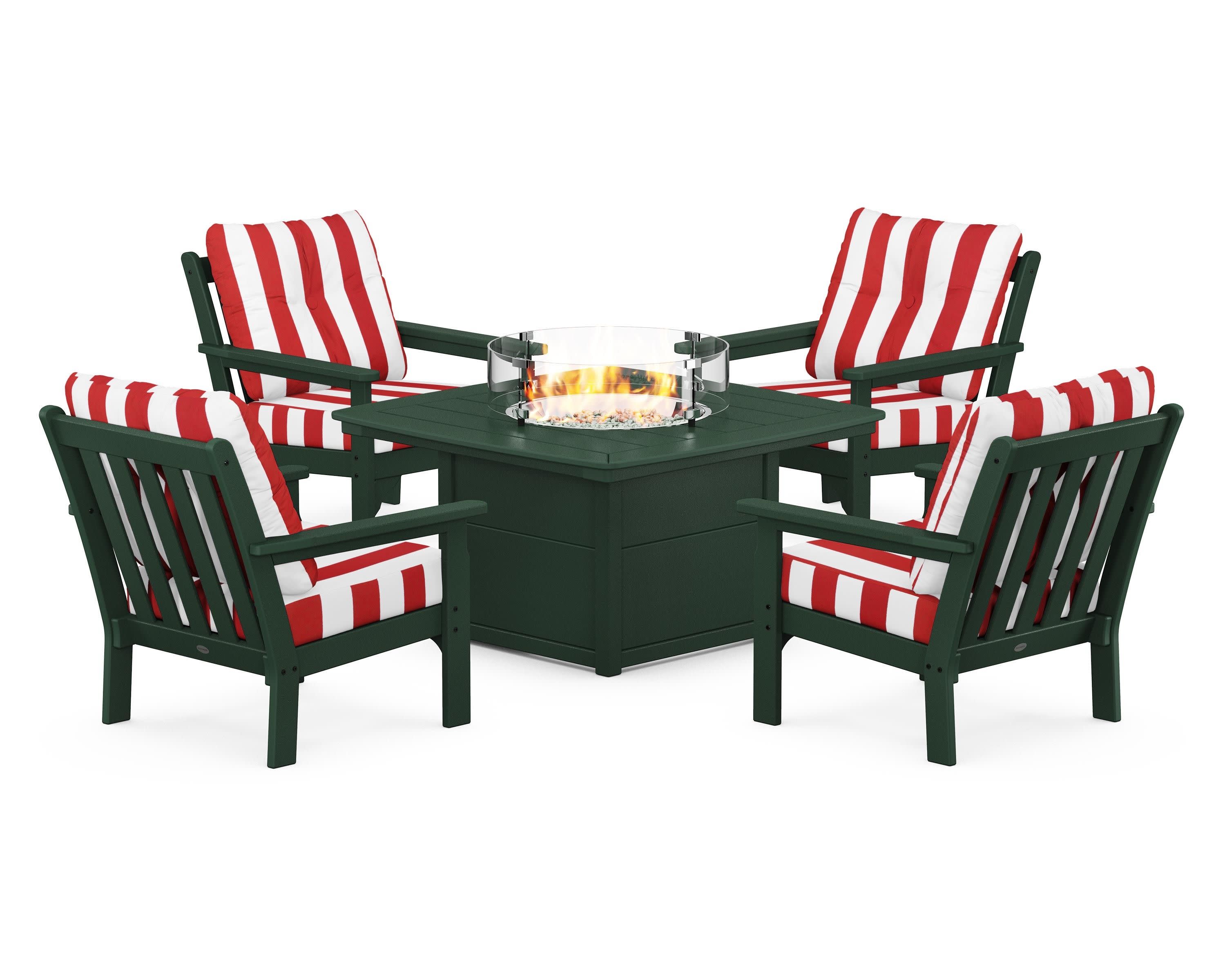 Vineyard 5-Piece Conversation Set with Fire Pit Table in Green / Cabana Stripe Crimson