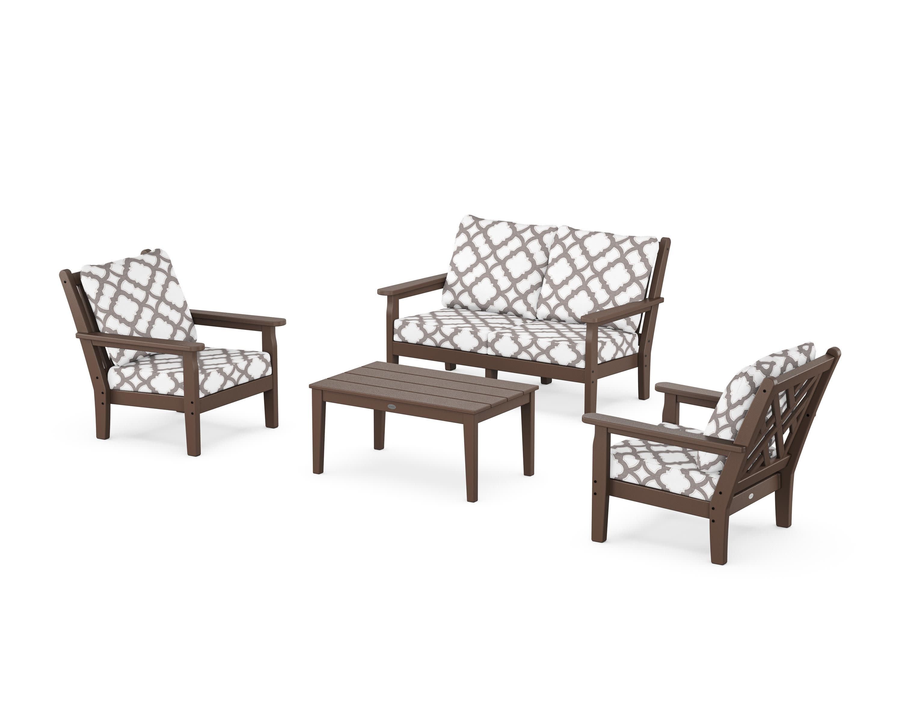 Chippendale 4-Piece Deep Seating Set with Loveseat in Mahogany / Trellis Grey Mist