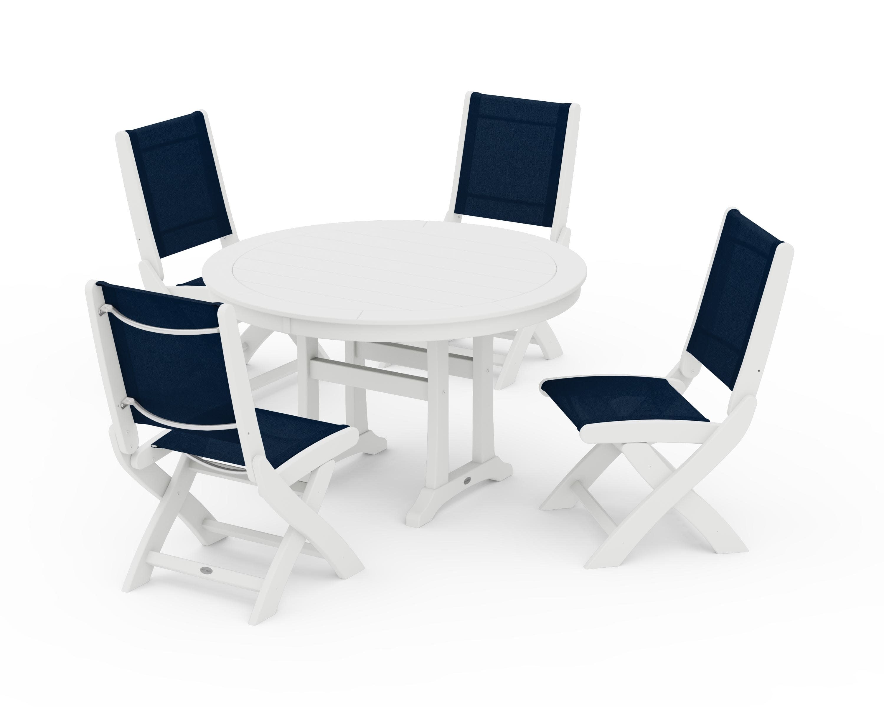 Coastal Folding Side Chair 5-Piece Round Dining Set With Trestle Legs in White / Navy Blue Sling