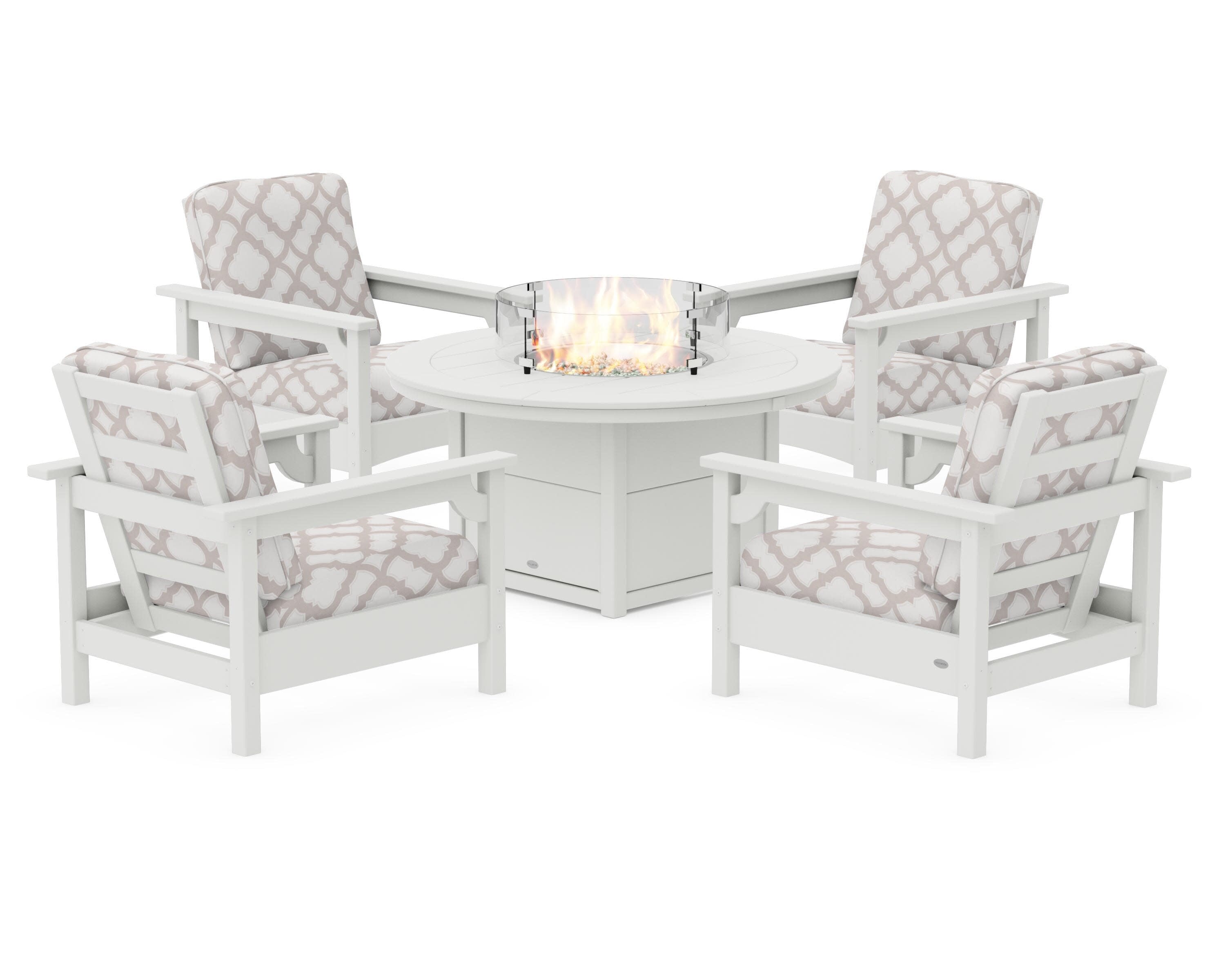 Club 5-Piece Conversation Set with Fire Pit Table in Vintage White / Trellis Dune Burlap