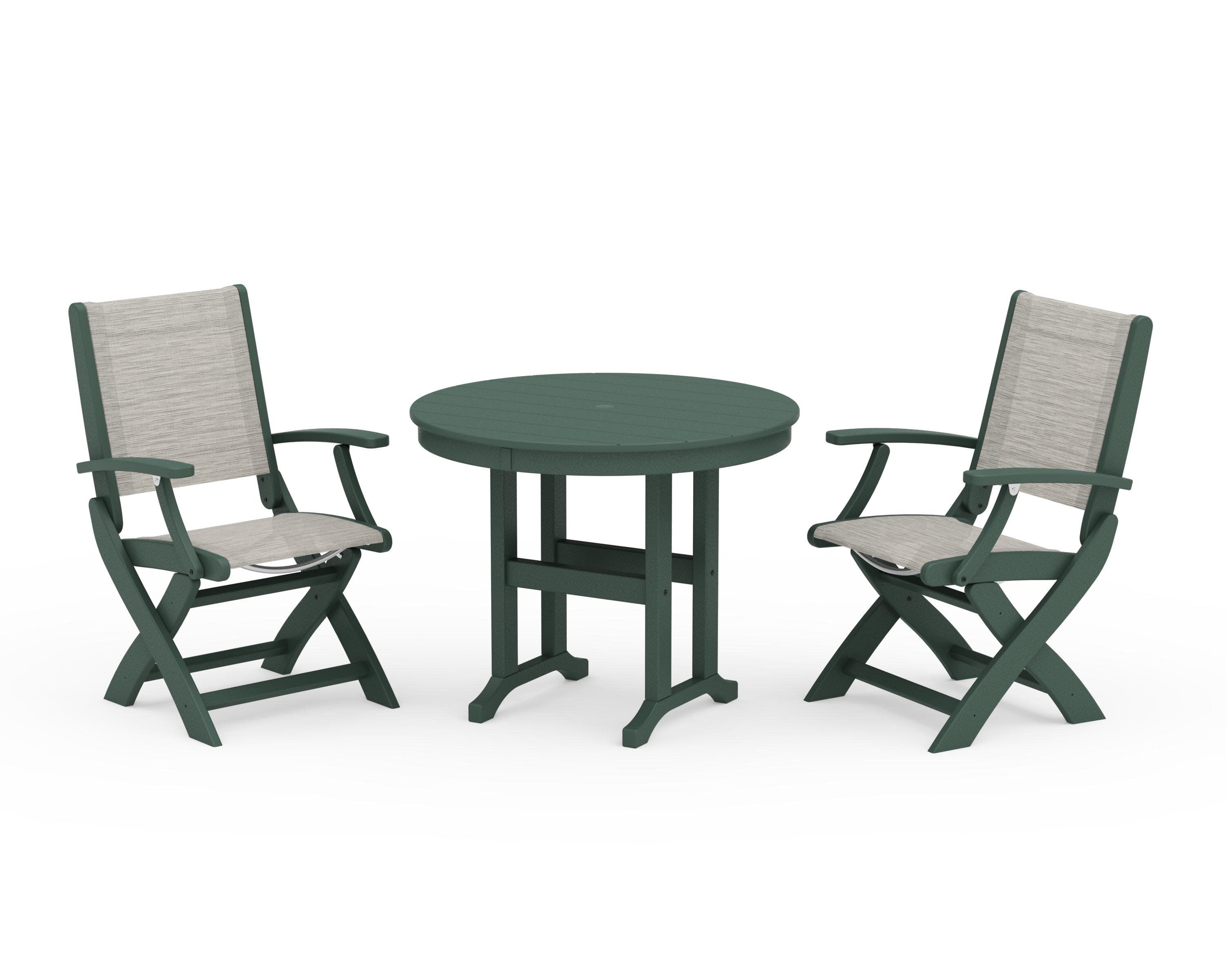 Coastal Folding Chair 3-Piece Round Dining Set in Green / Birch Sling