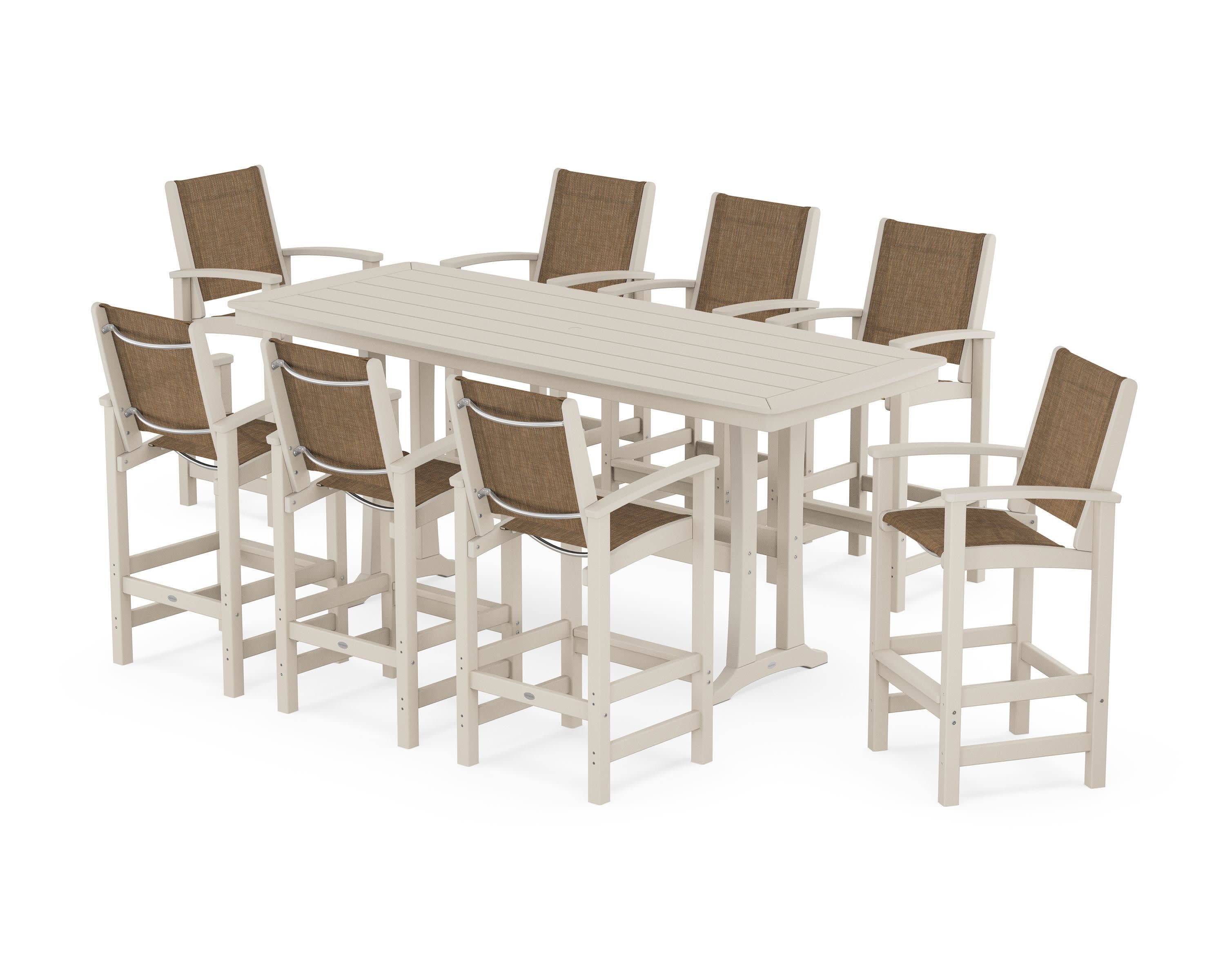 Coastal 9-Piece Bar Set with Trestle Legs in Sand / Burlap Sling