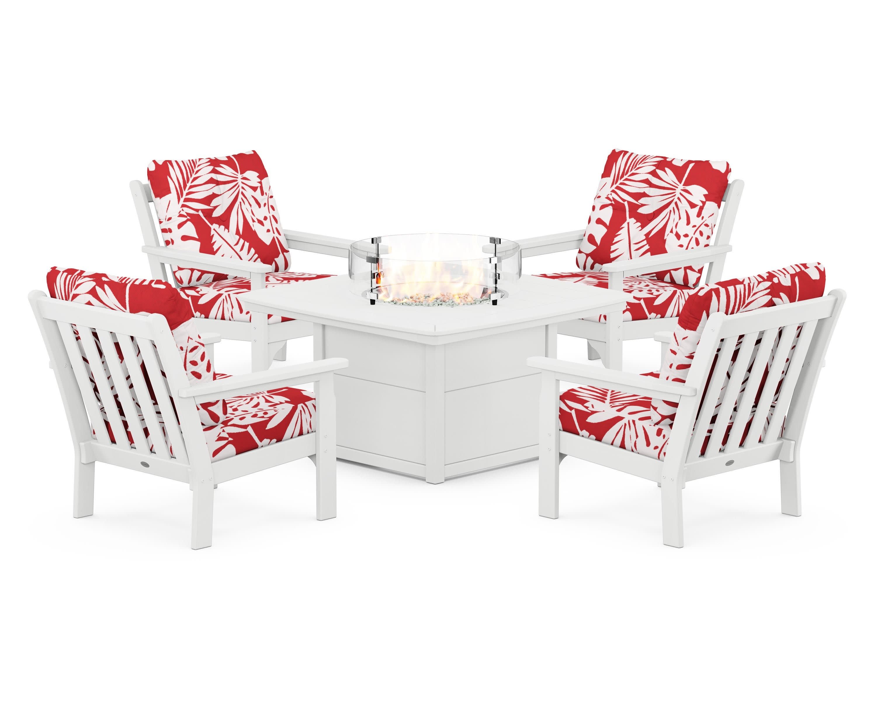 Vineyard 5-Piece Conversation Set with Fire Pit Table in White / Leaf Crimson