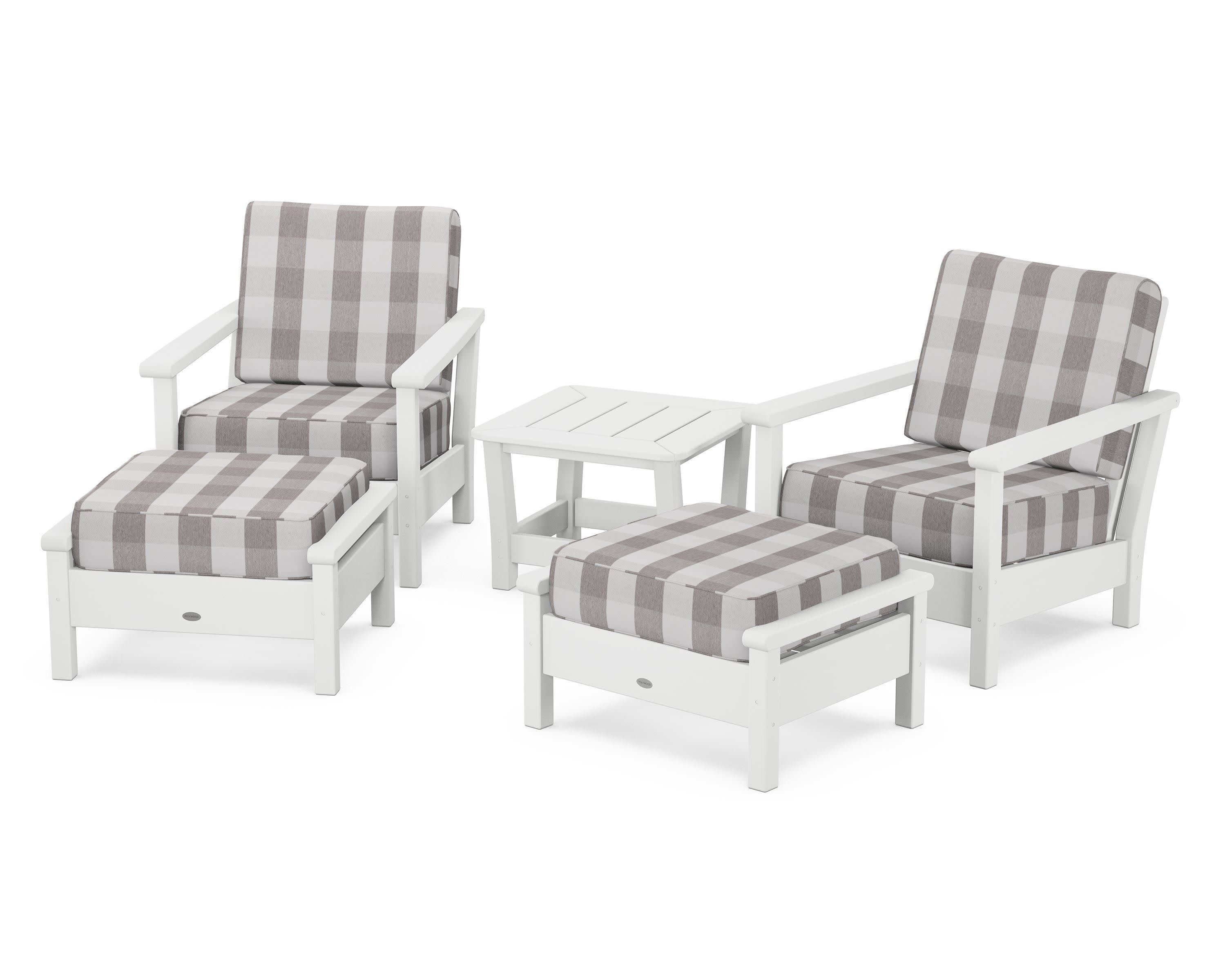 Harbour 5-Piece Deep Seating Chair Set in White / Buffalo Plaid Grey Mist