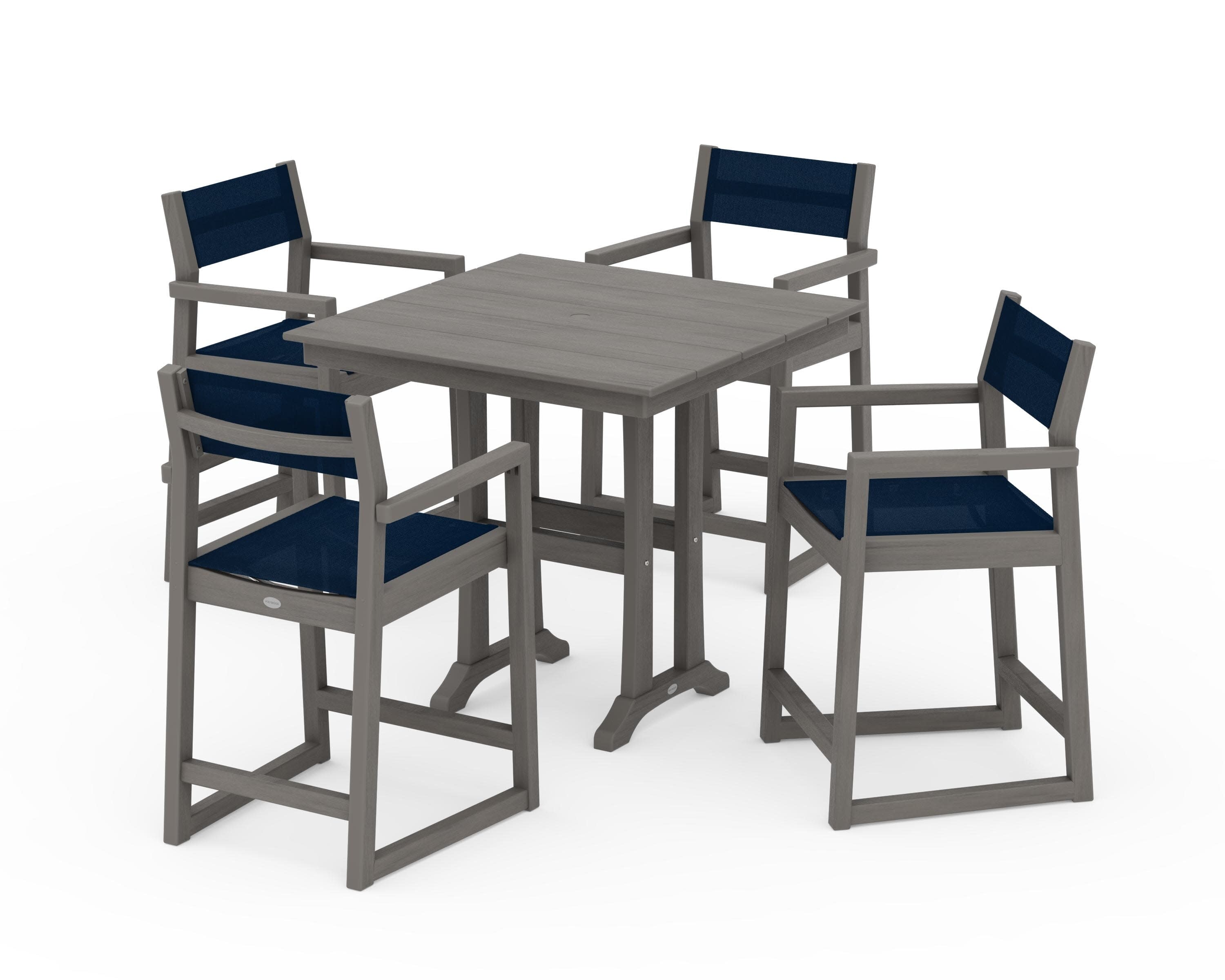 EDGE Sling Arm Chair 5-Piece Farmhouse Counter Set with Trestle Legs in Driftwood / Navy Blue Sling
