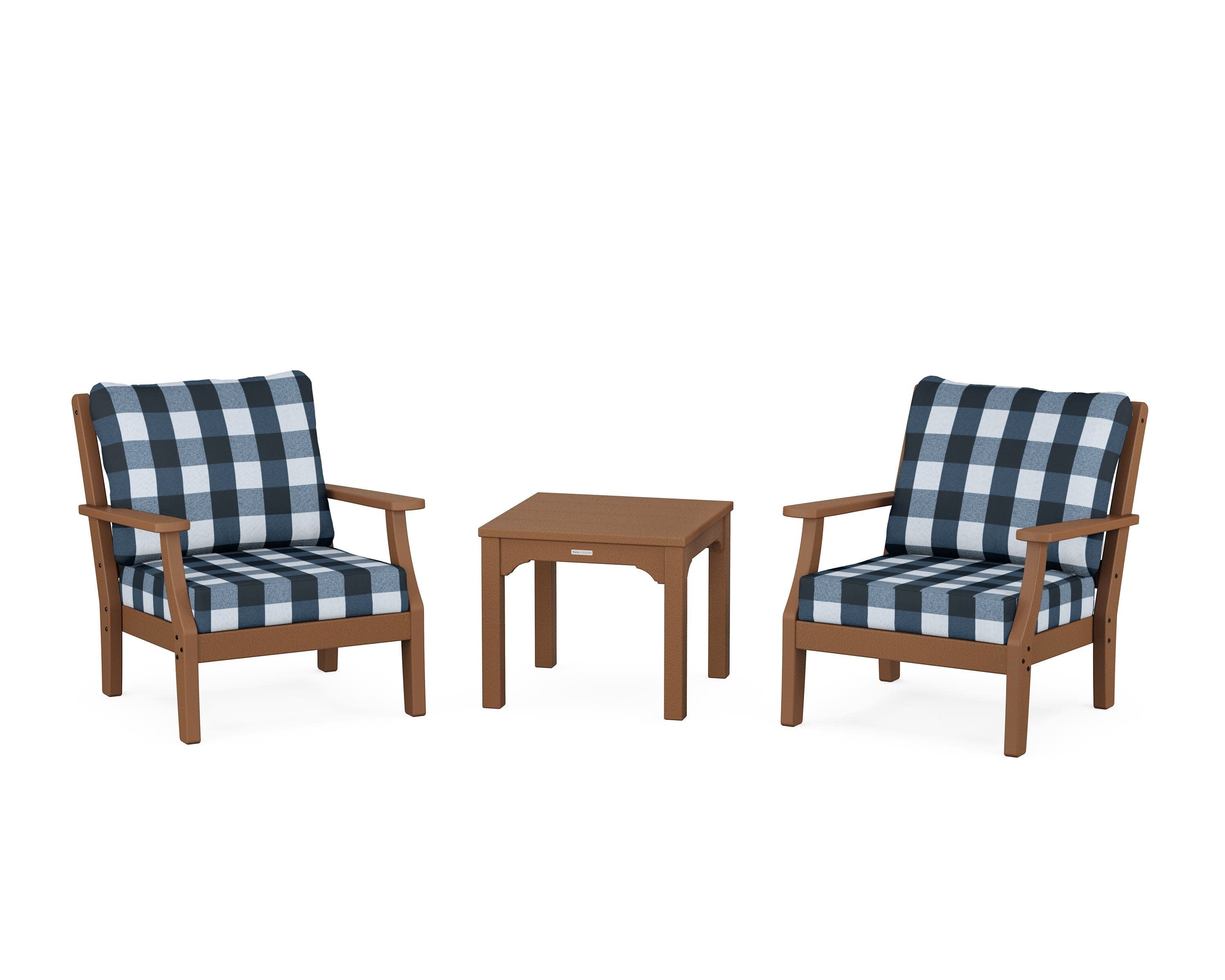 Chinoiserie 3-Piece Deep Seating Set in Teak / Buffalo Plaid Marine Indigo