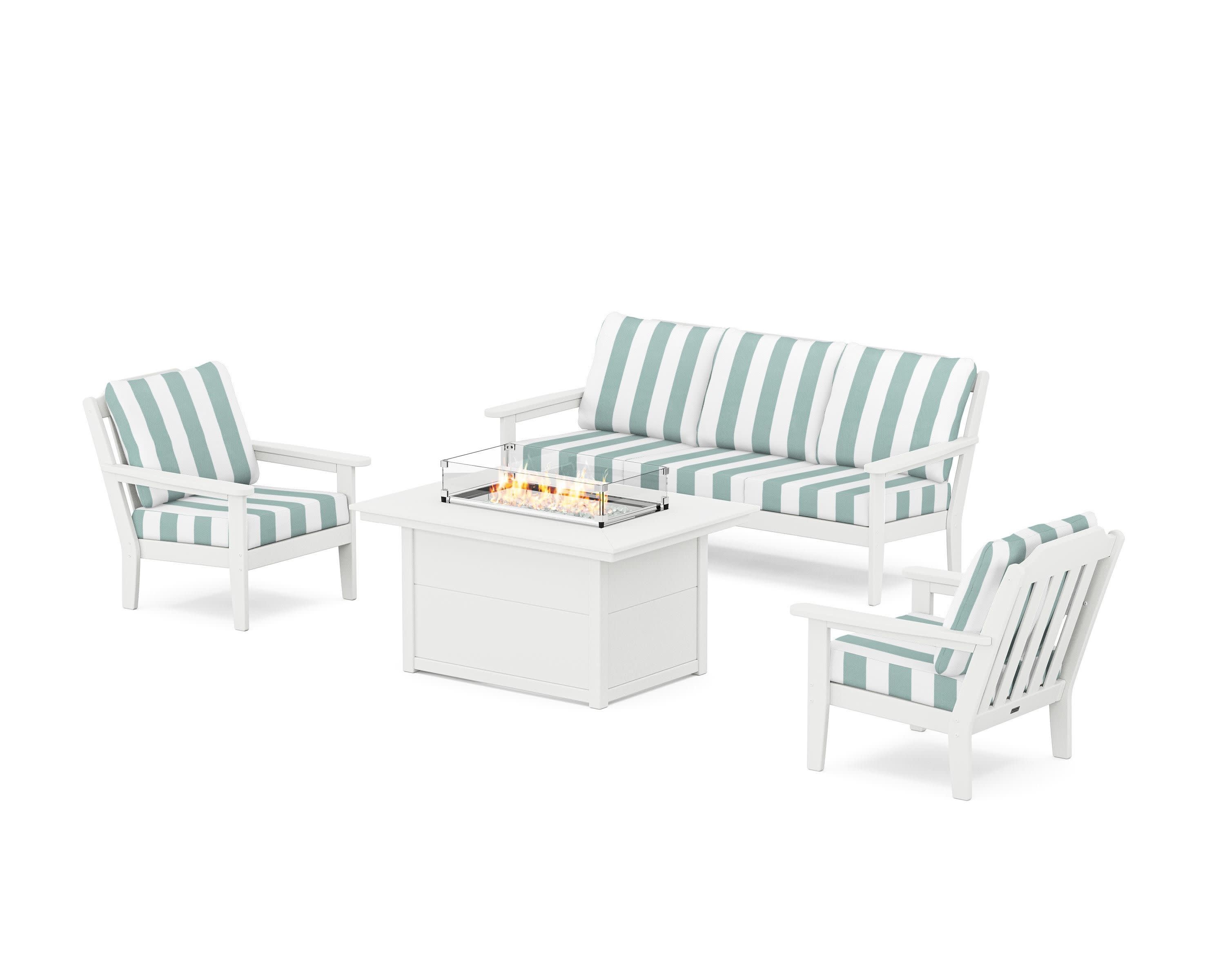 Cottage Deep Seating Fire Pit Table Set in White / Cabana Stripe Glacier Spa