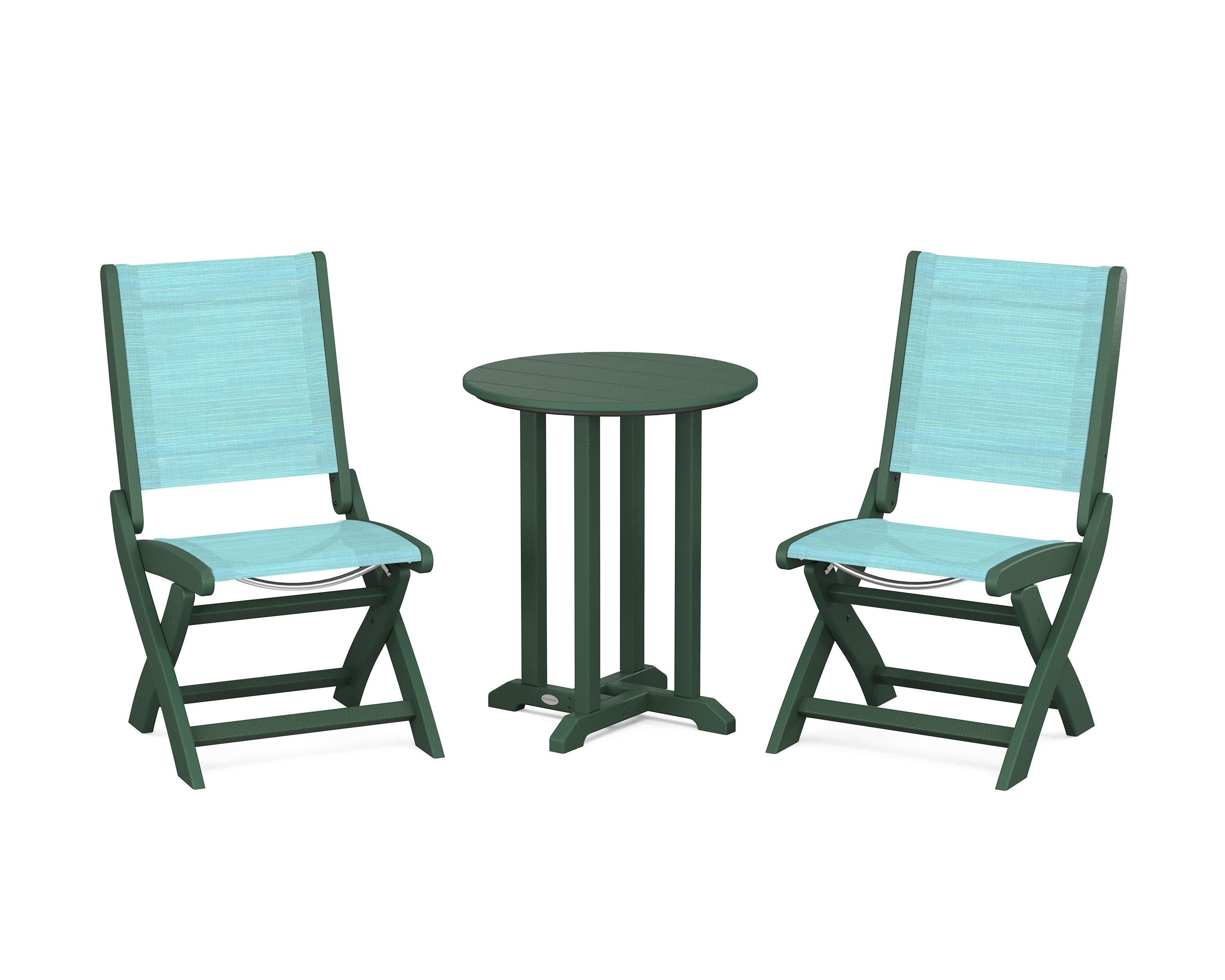 Coastal Folding Side Chair 3-Piece Round Bistro Dining Set in Green / Dupioni Aquamarine Sling