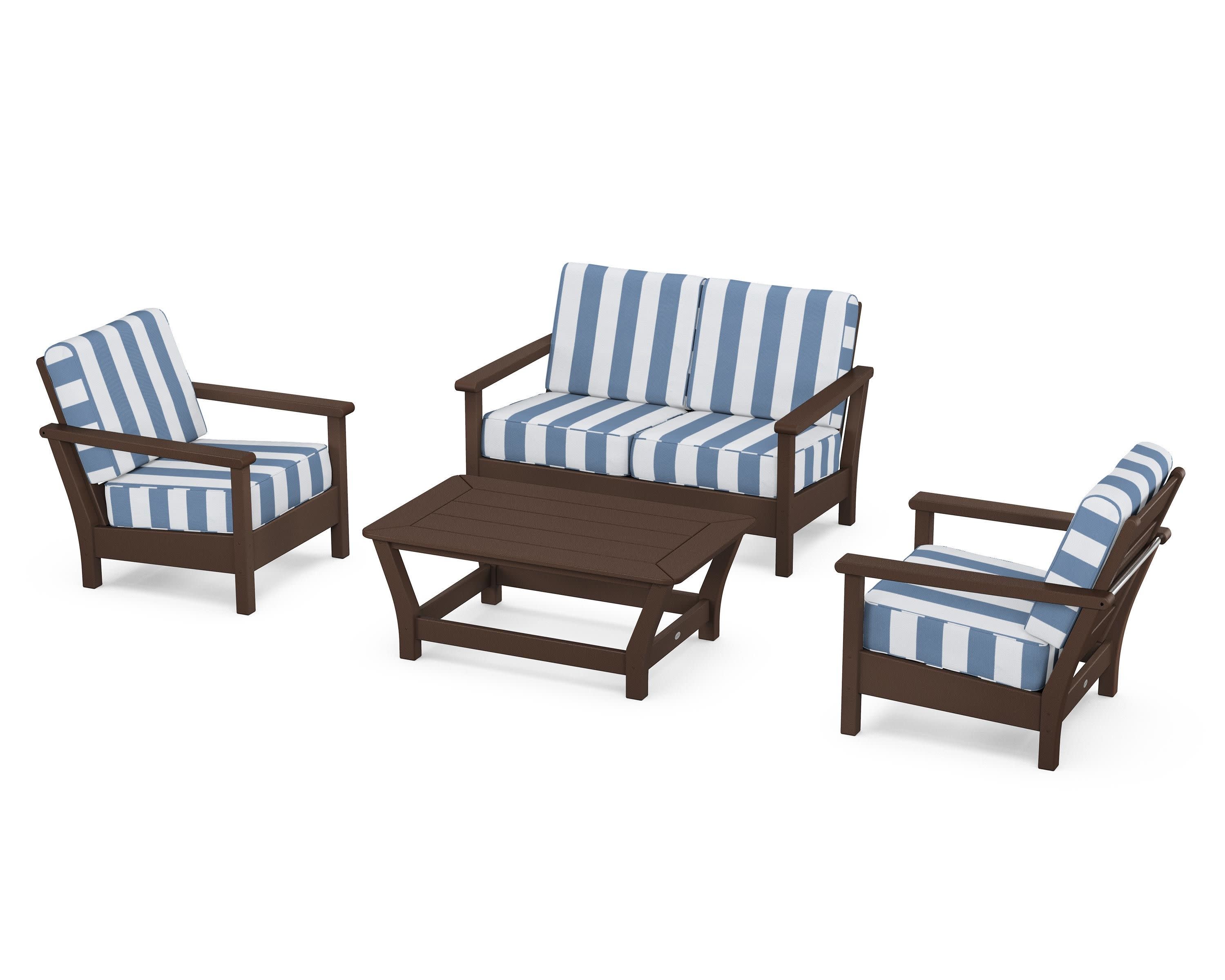 Harbour 4-Piece Deep Seating Set in Mahogany / Cabana Stripe Sky Blue