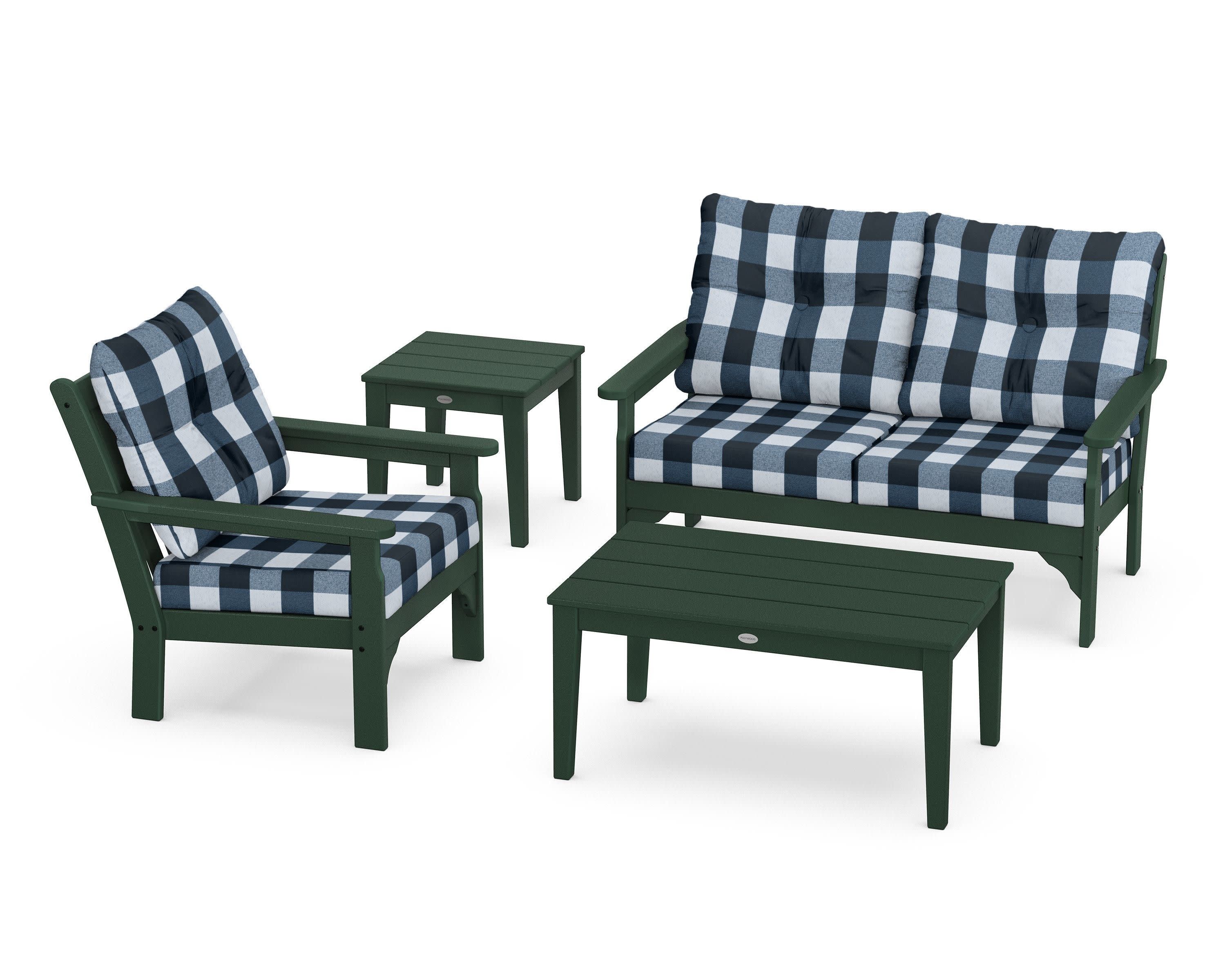 Vineyard 4-Piece Deep Seating Set in Green / Buffalo Plaid Marine Indigo